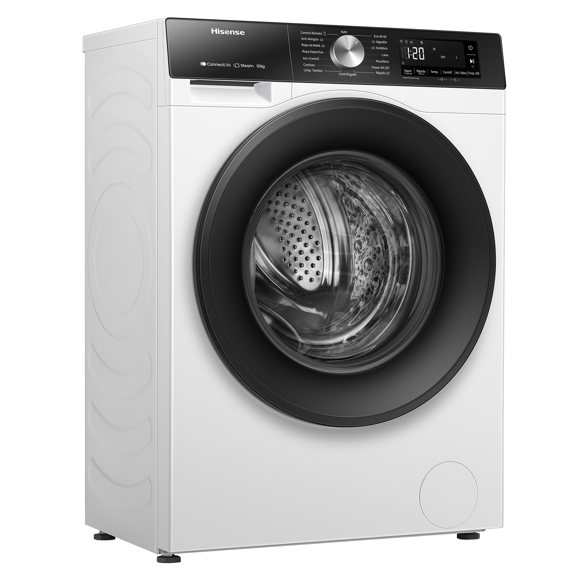 Lavadora blanca Hisense con panel de control negro y puerta de cristal redonda sobre fondo blanco.