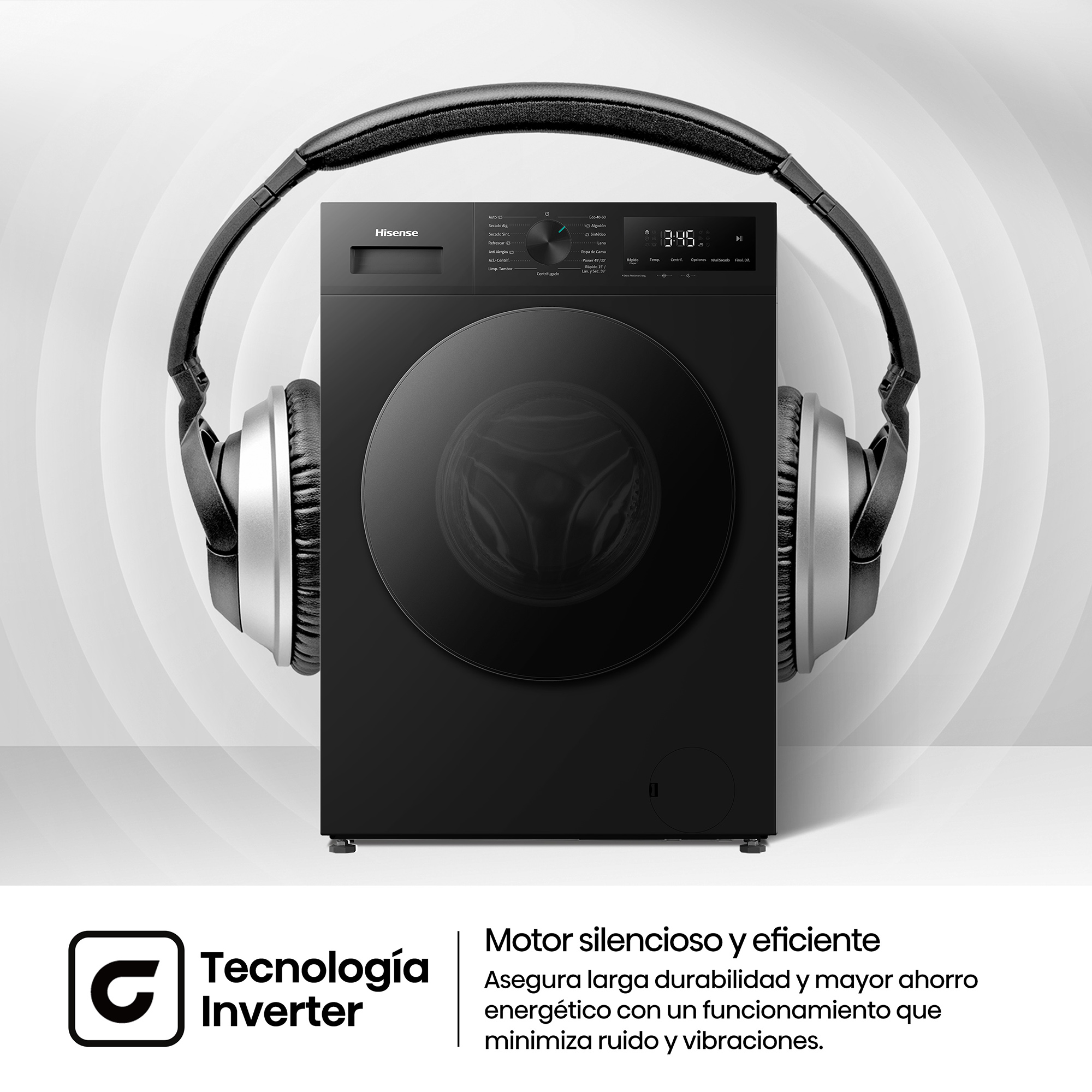 Lavadora Hisense negra con grandes auriculares, destacando tecnología inverter silenciosa.