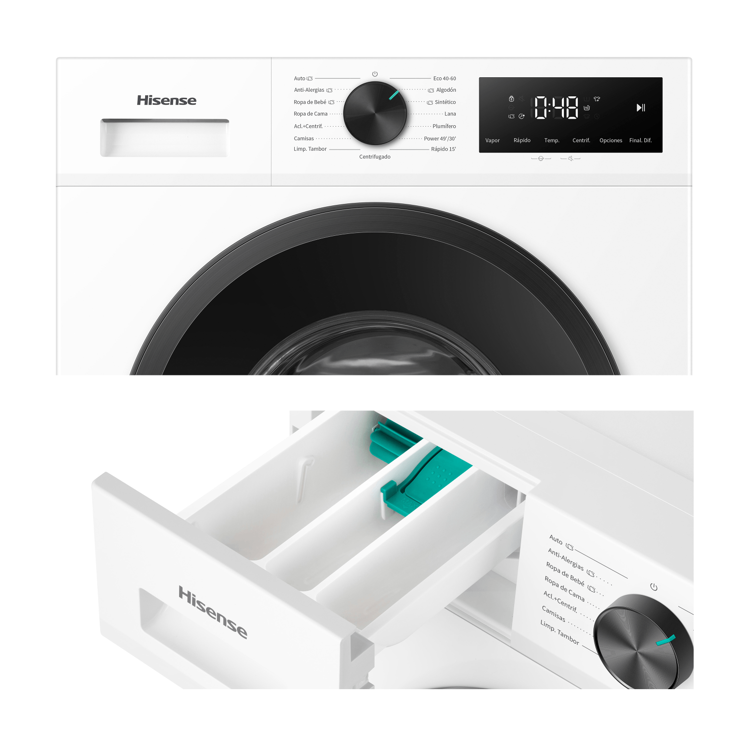 Lavadora blanca Hisense con pantalla digital, selector giratorio y cajón de detergente abierto.