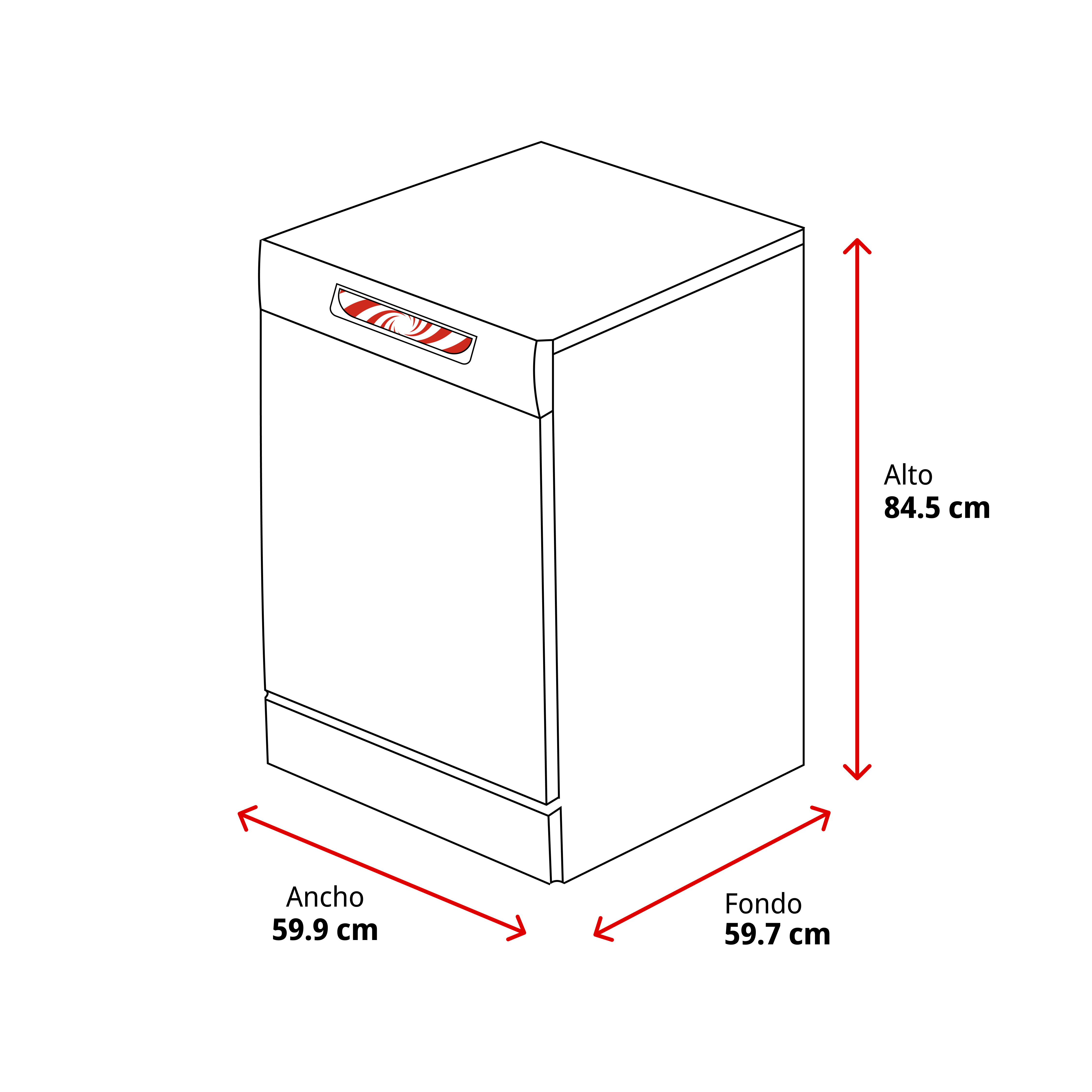 Dibujo de línea de un lavavajillas con dimensiones: alto 84,5 cm, ancho 59,9 cm, fondo 59,7 cm.