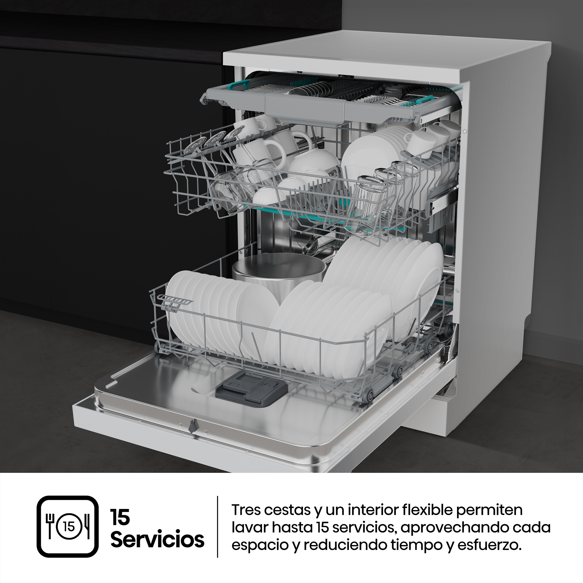Lavavajillas blanco abierto cargado con platos y tazas.