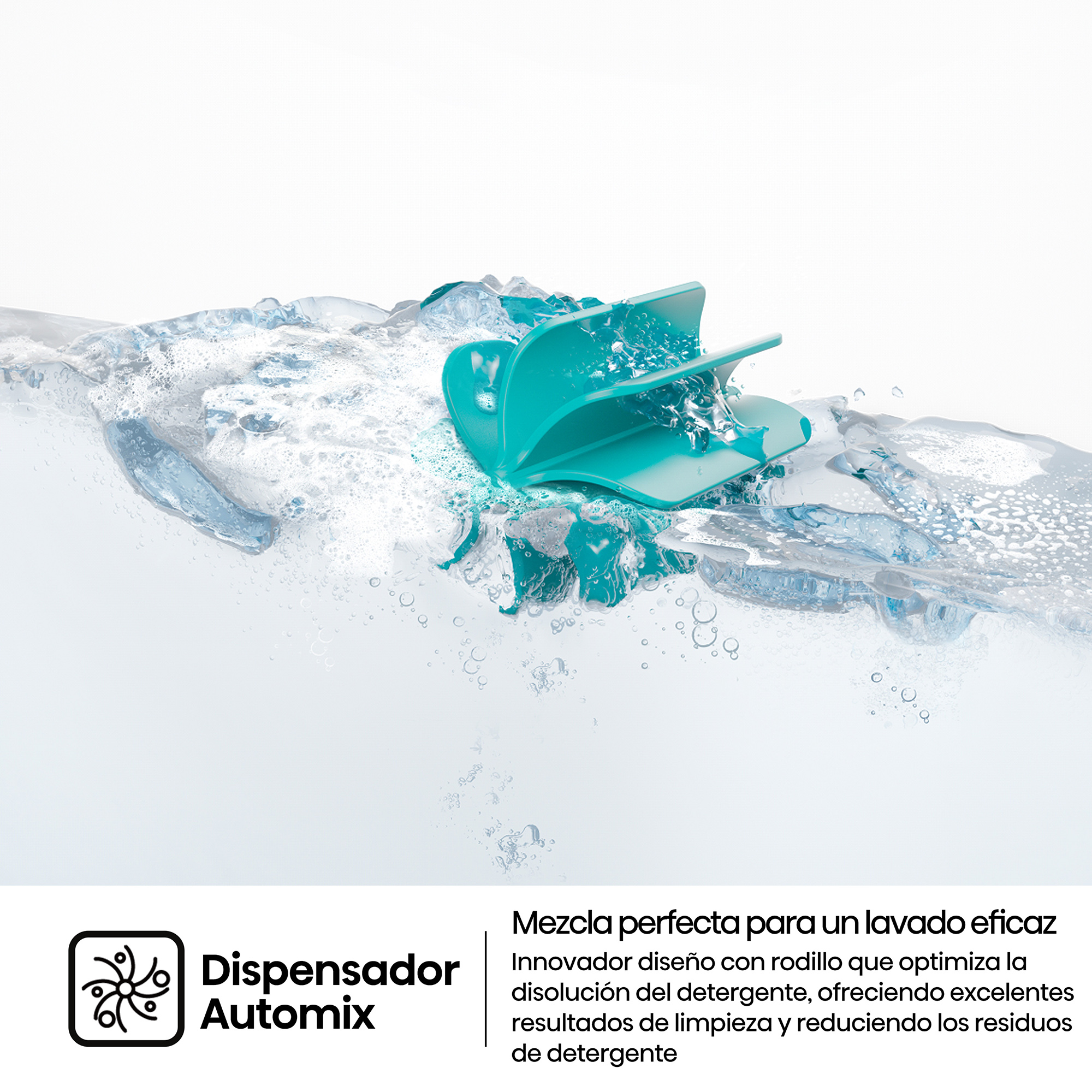 Dispensador Automix turquesa en agua con remolinos y texto sobre limpieza eficiente.