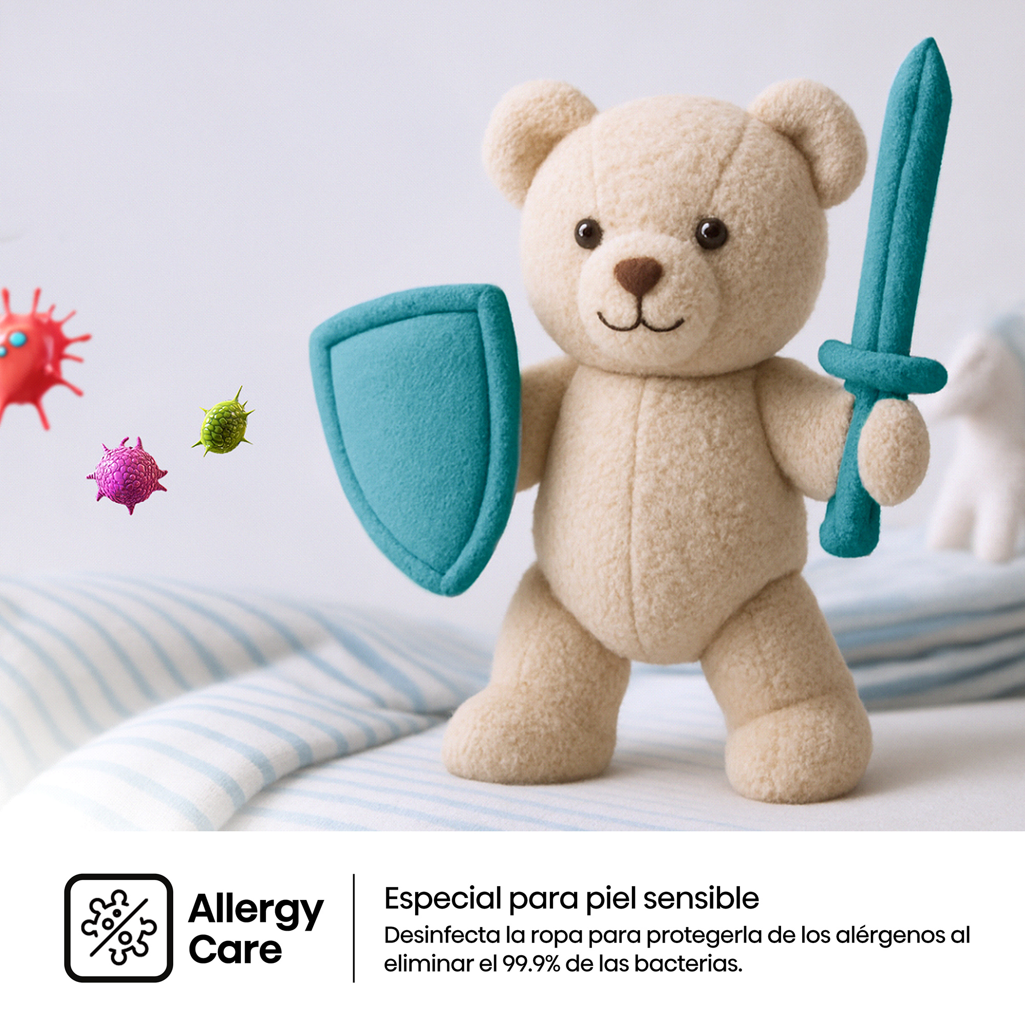 Un osito de peluche con escudo y espada azul se defiende de microbios coloridos en una cama.