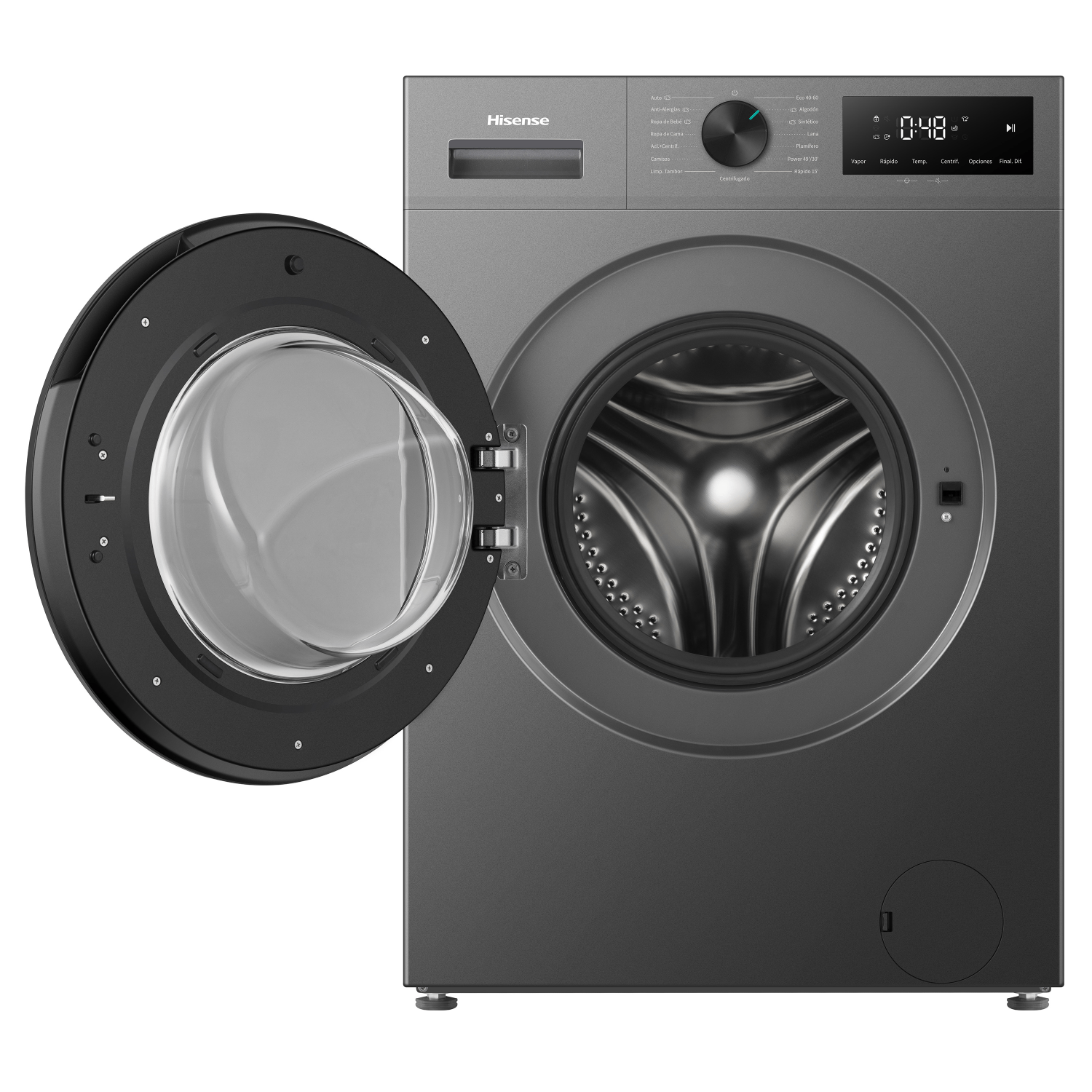 Lavadora Hisense gris oscura con la puerta de ojo de buey abierta y pantalla digital.