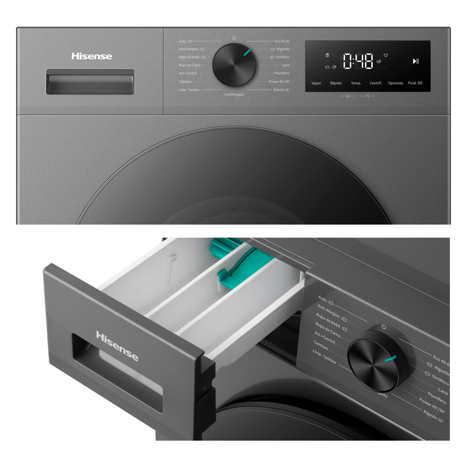 Lavadora gris Hisense con pantalla digital, selector de programas y cajón de detergente abierto.