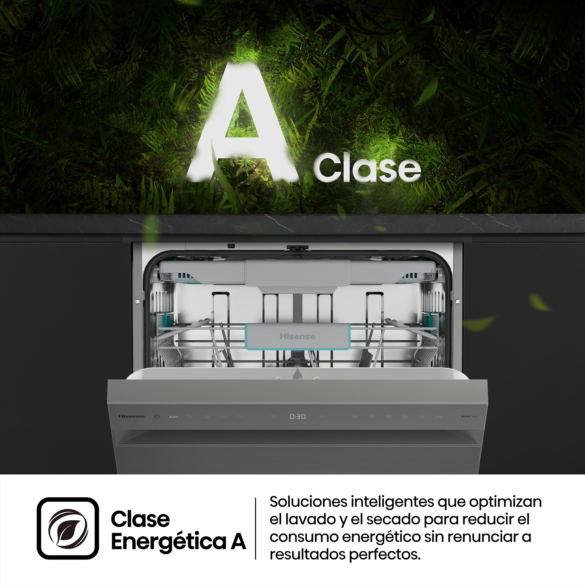 Un lavavajillas Hisense abierto con fondo de hojas verdes y etiqueta de clase energética A.