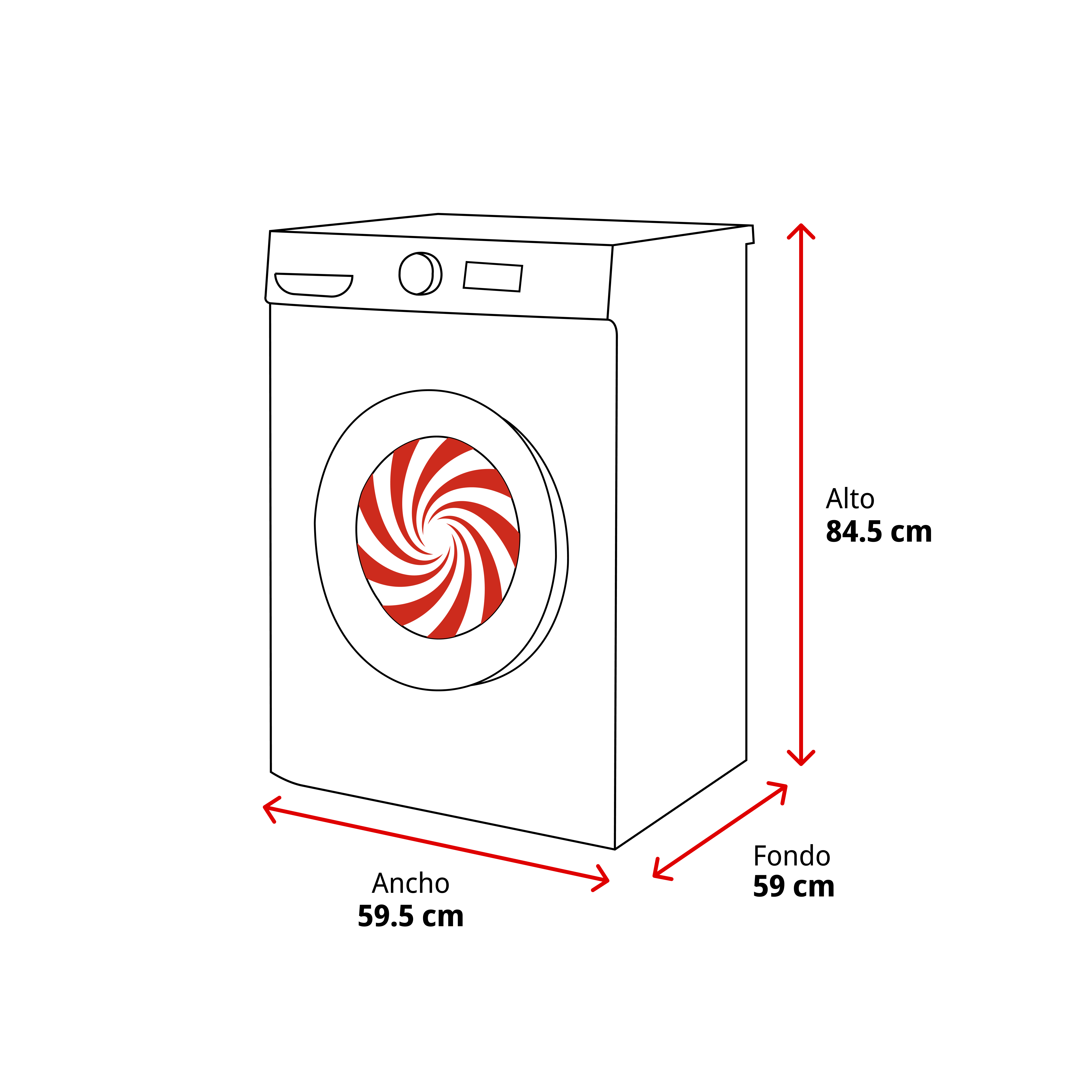 Diagrama de una lavadora blanca con etiquetas rojas de dimensiones para alto, ancho y fondo.