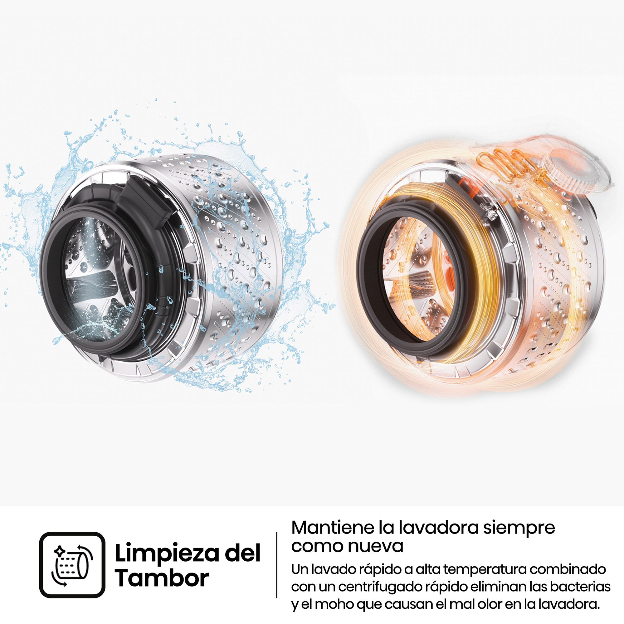 Tambor de lavadora con limpieza por agua y calor para una frescura sin gérmenes.
