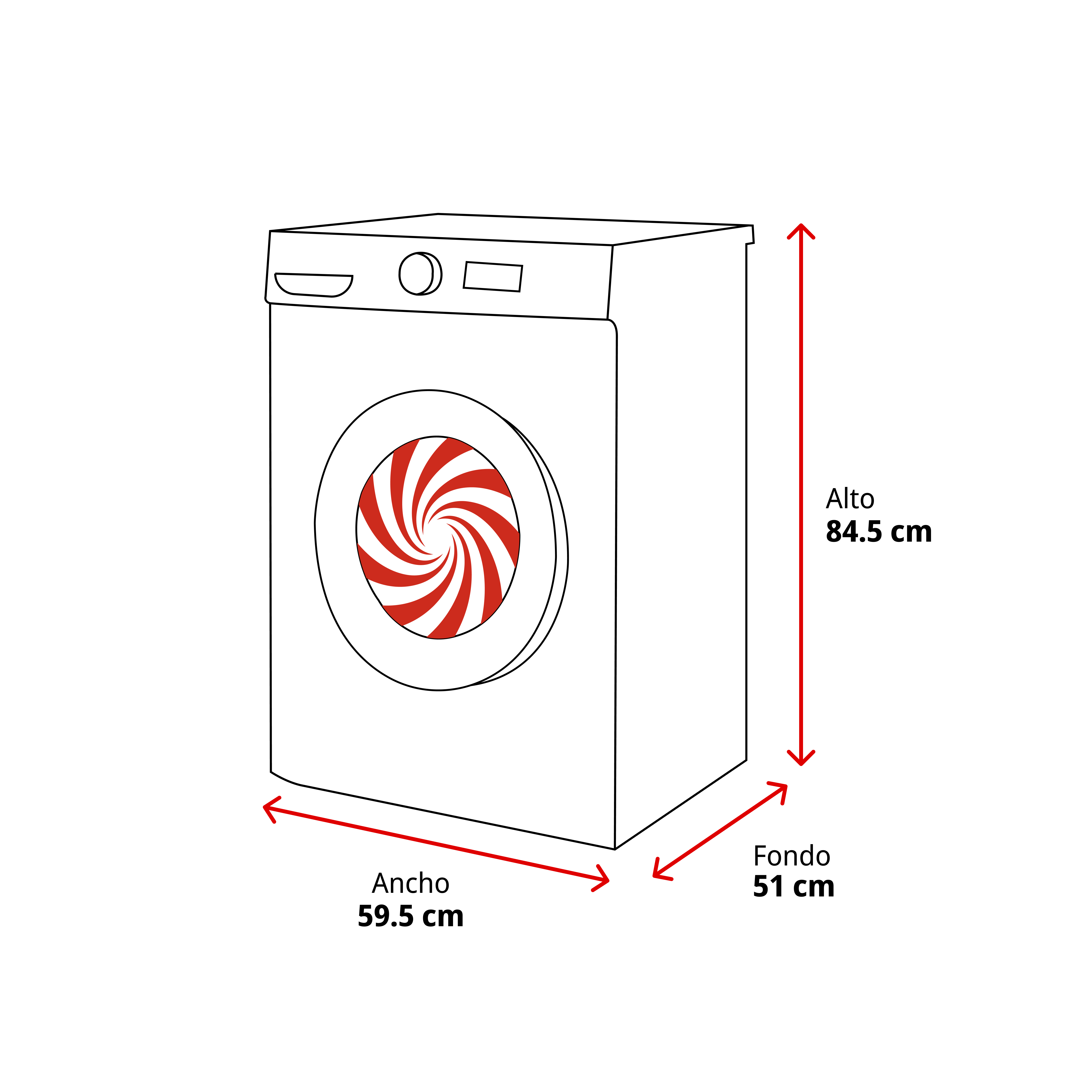 Esquema de lavadora con dimensiones: alto 84,5 cm, ancho 59,5 cm, fondo 51 cm.