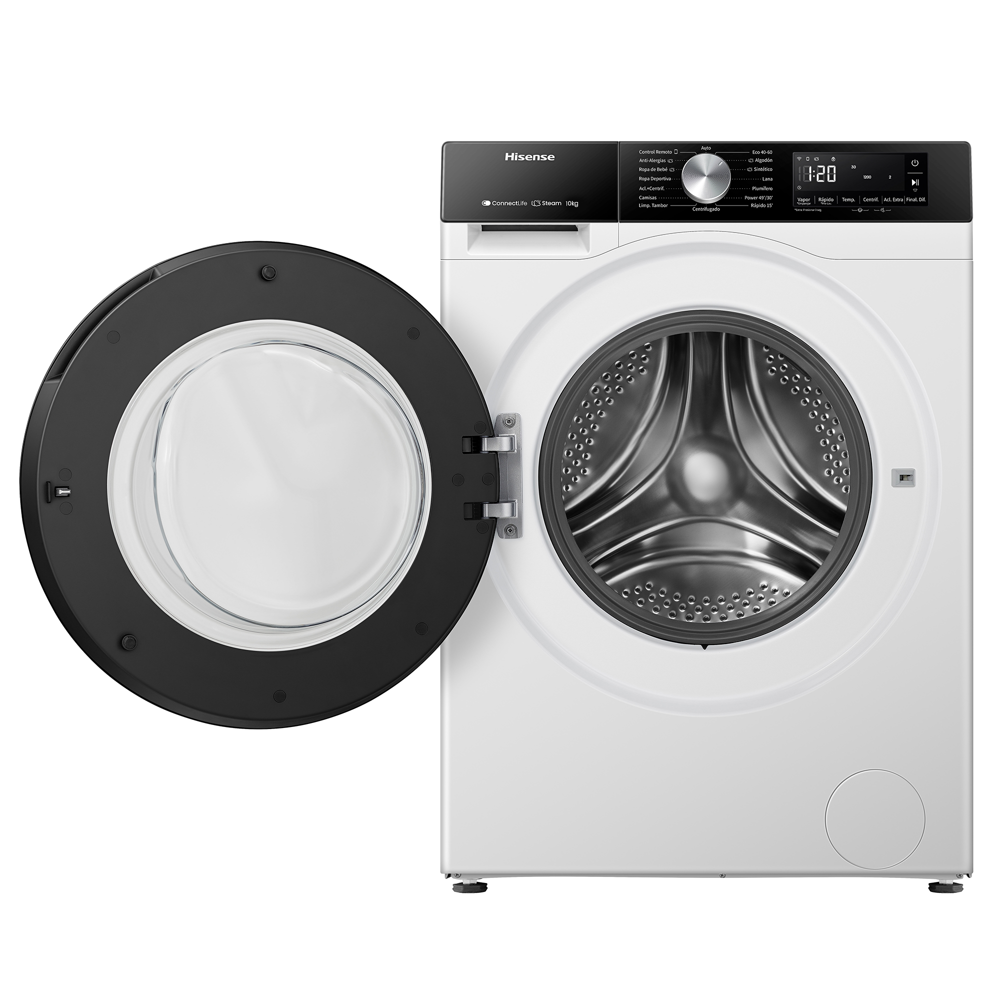Una lavadora frontal Hisense blanca con puerta negra abierta y tambor de acero inoxidable.