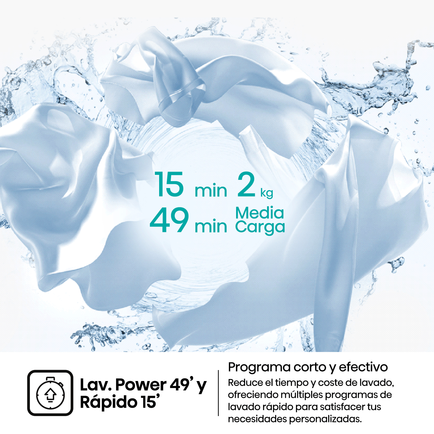 Anuncio de lavadora con ropa blanca girando en agua y texto sobre ciclos de 15 y 49 minutos.