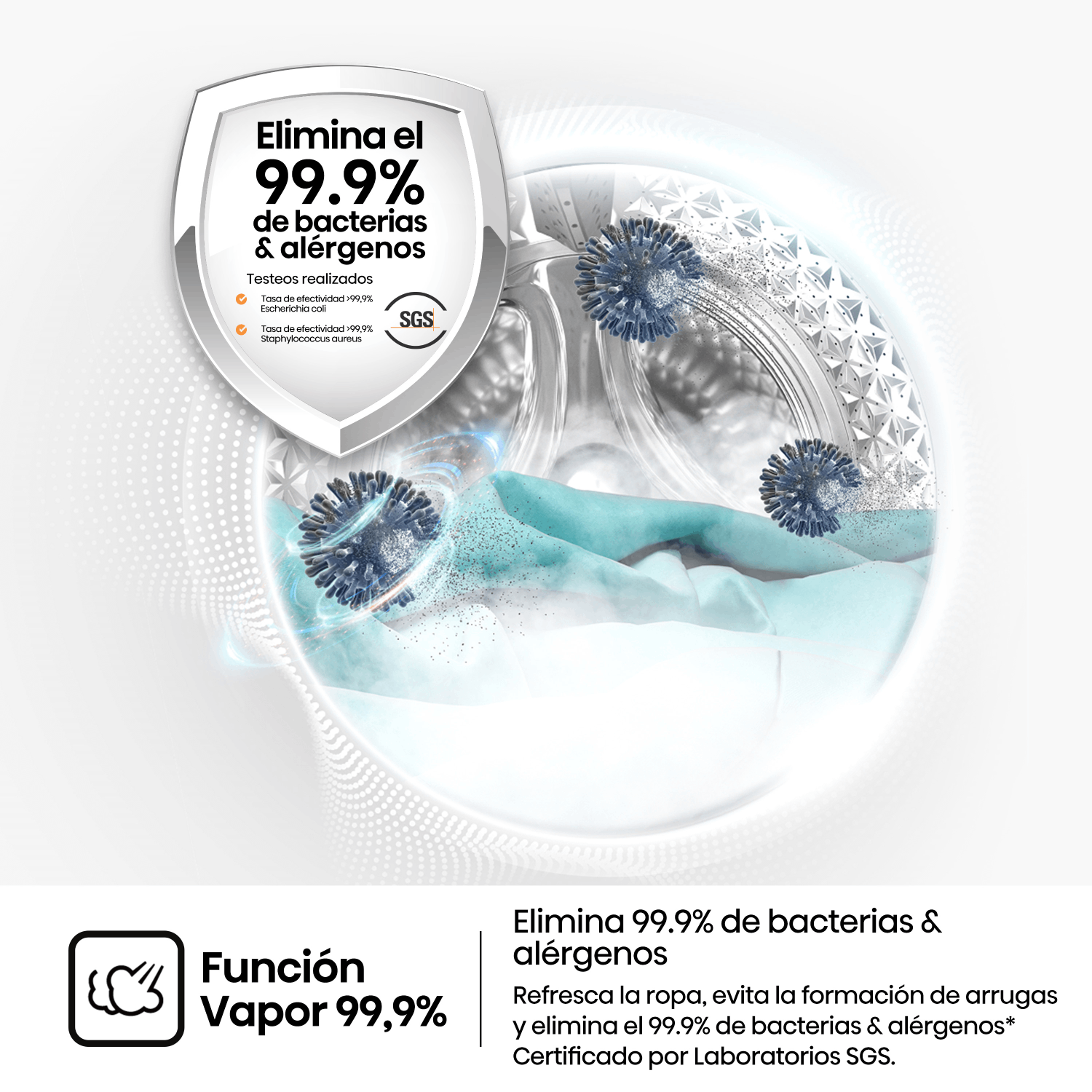 Gráfico que muestra la función de vapor que elimina el 99,9% de bacterias y alérgenos.