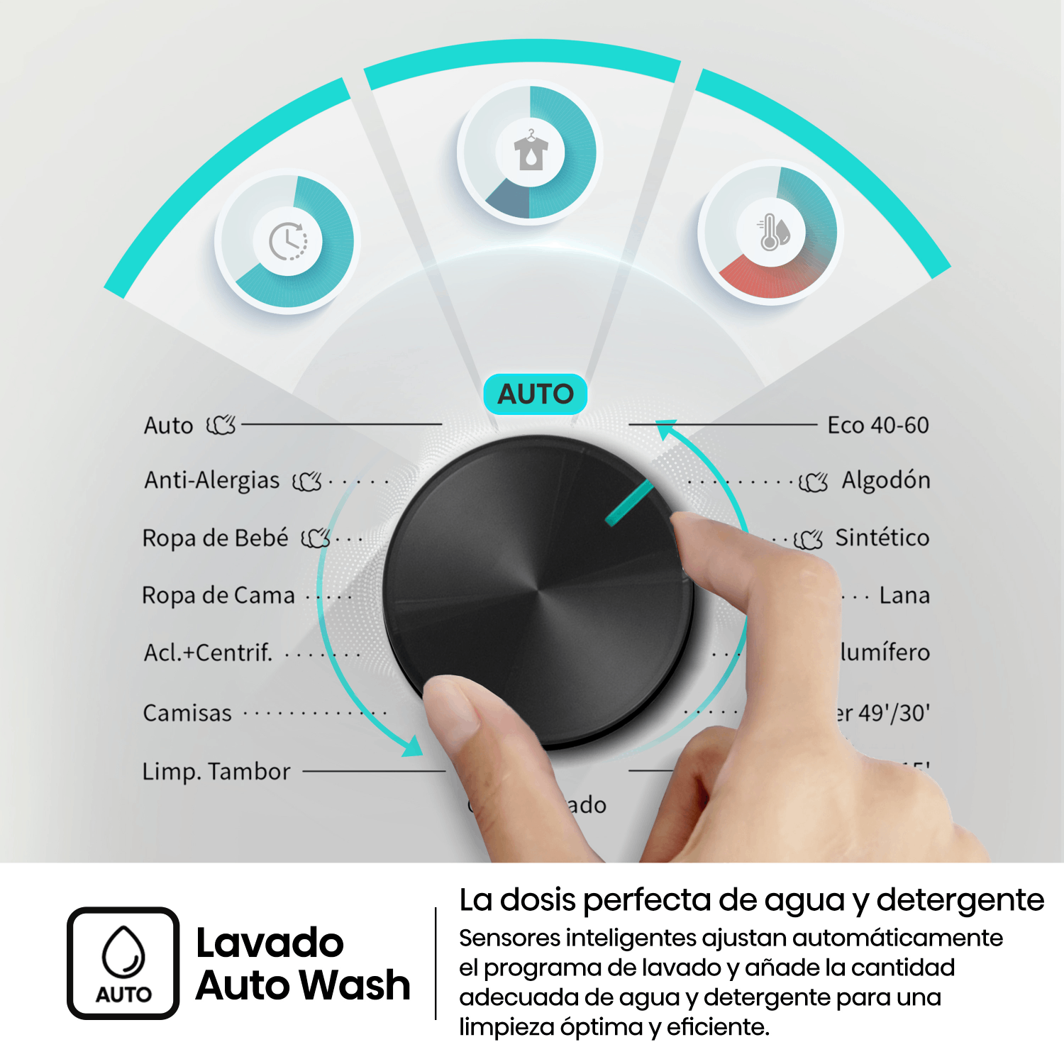 Una mano gira el selector negro de programas de una lavadora.