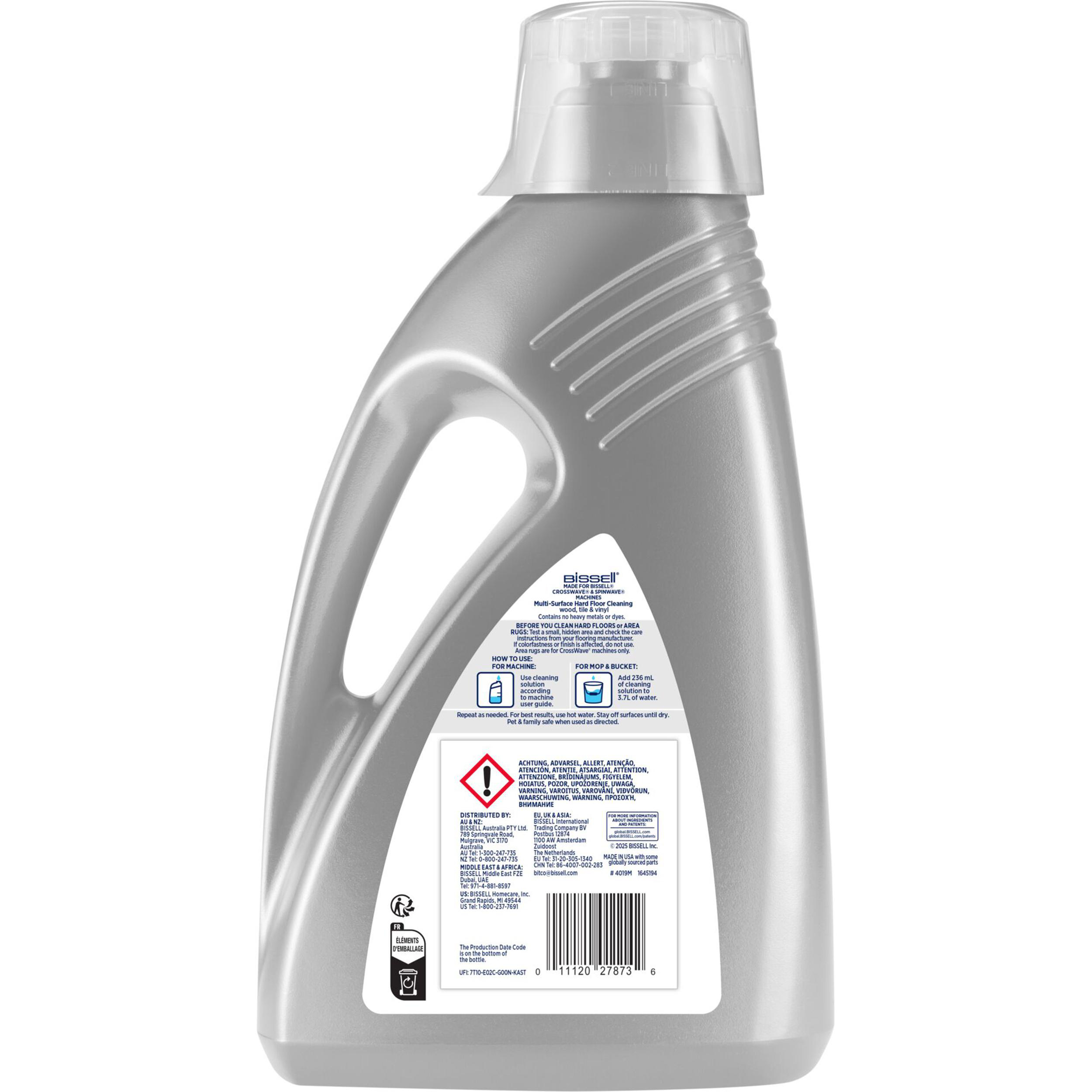 Graue Flasche mit Bissell-Bodenreinigungslösung und Etikett.