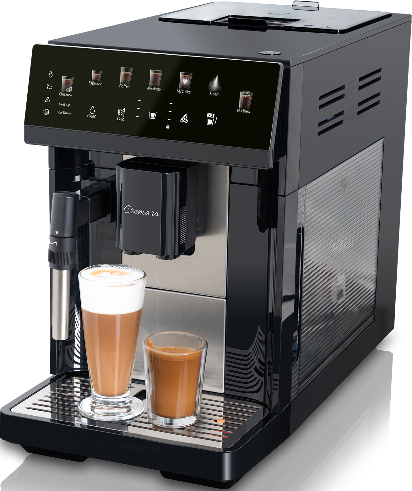 Schwarzer Cremaro Kaffeevollautomat mit Digitaldisplay, Milchaufschäumer und zwei gefüllten Gläsern.