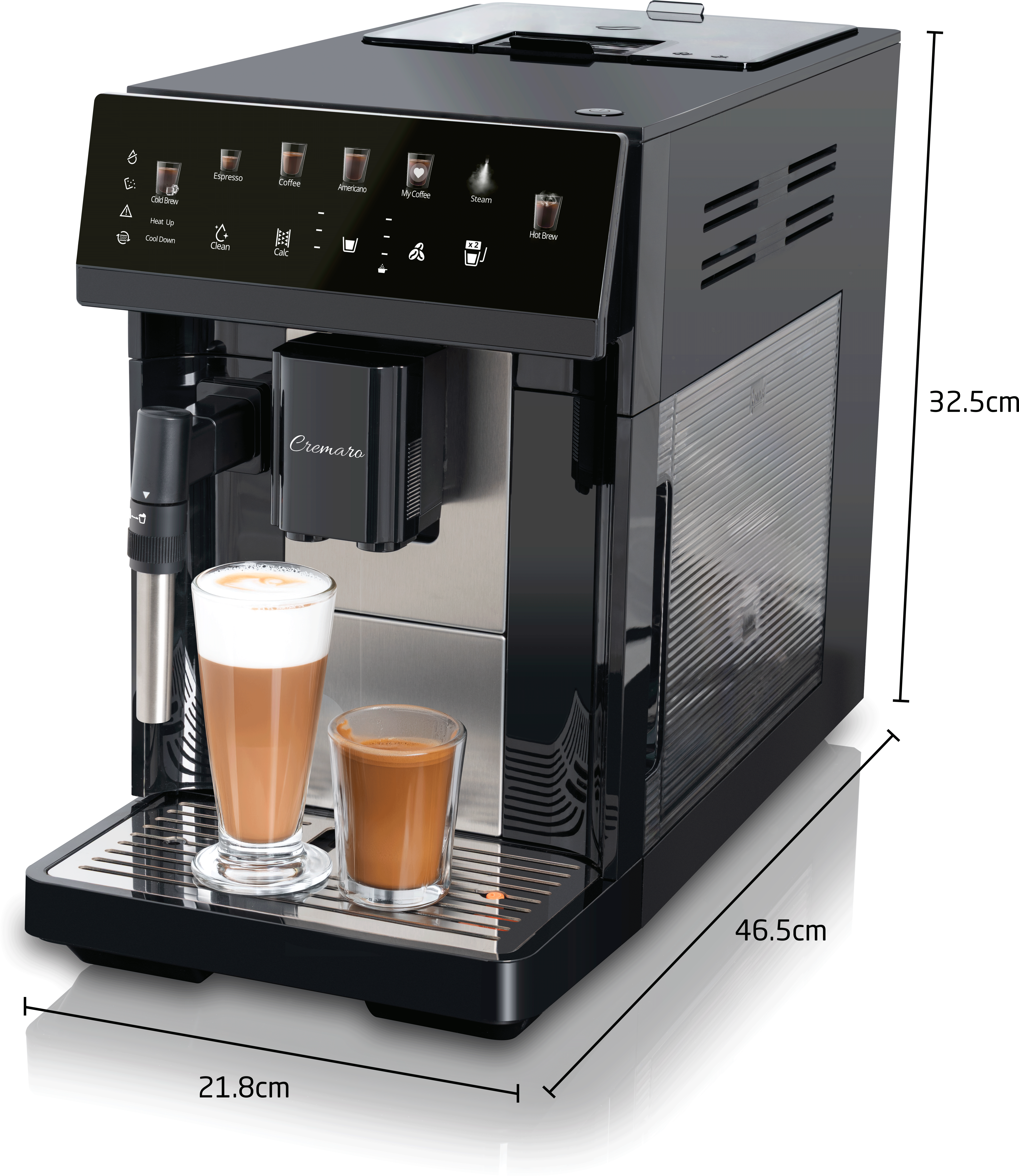 Schwarzer Cremaro Kaffeevollautomat mit Touch-Display, Milchaufschäumer und zwei gefüllten Gläsern auf der Tropfschale.