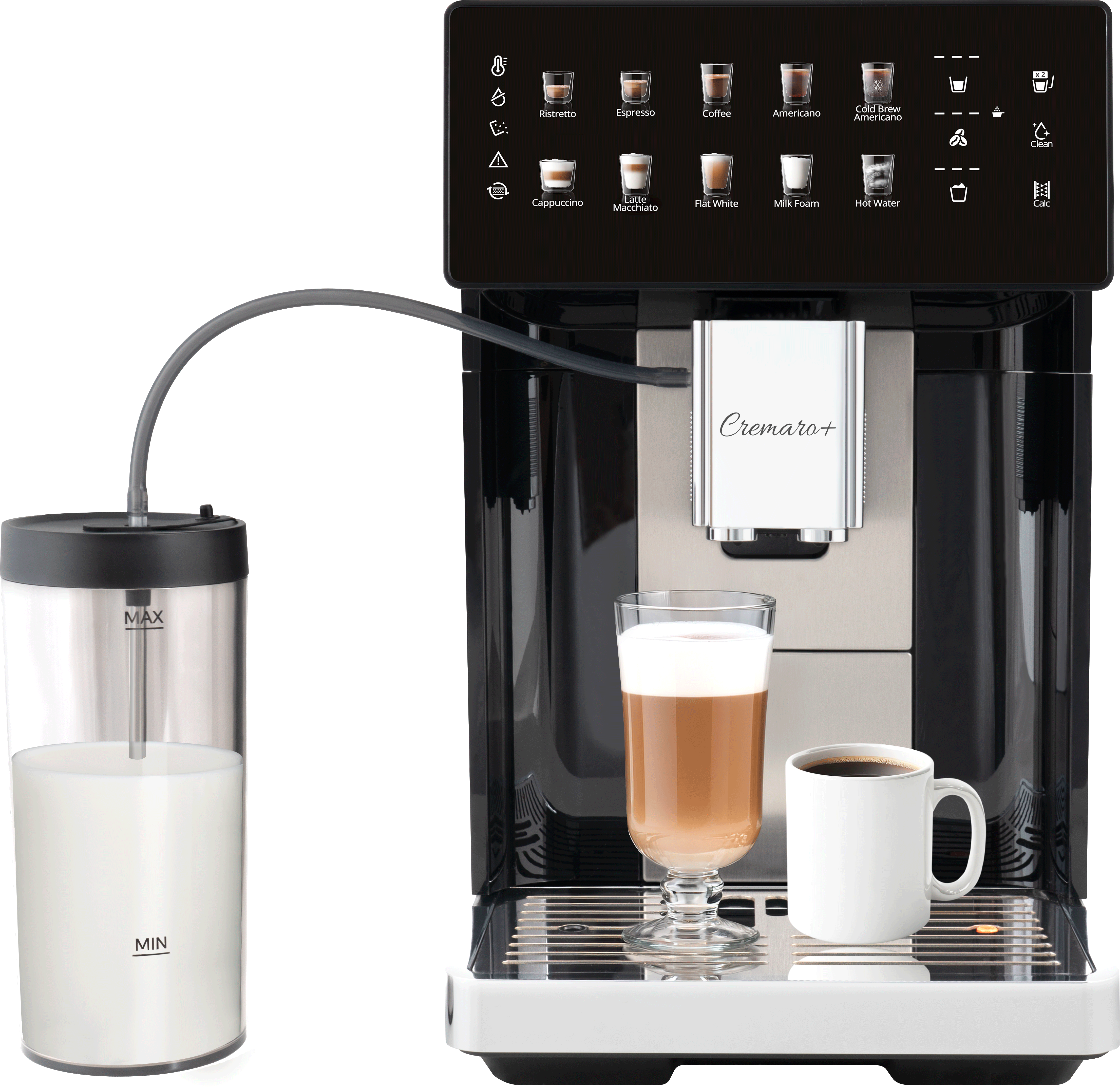Schwarzer Kaffeevollautomat mit Touchscreen, Milchbehälter, Latte-Glas und Kaffeetasse auf der Abtropfschale.