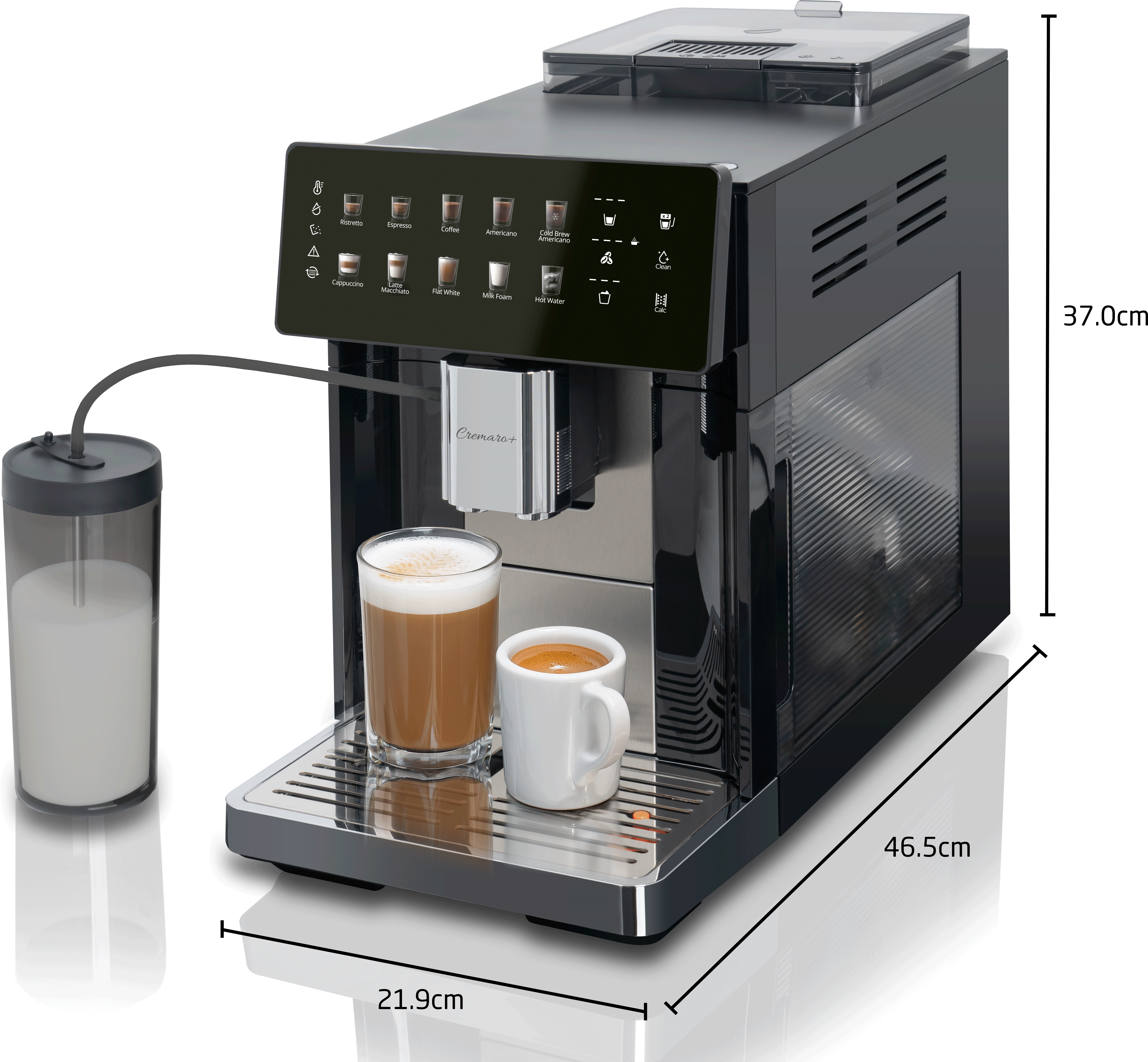 Schwarzer Kaffeeautomat mit Touch-Bedienfeld, Milchbehälter und zwei gefüllten Tassen auf der Abtropfschale.