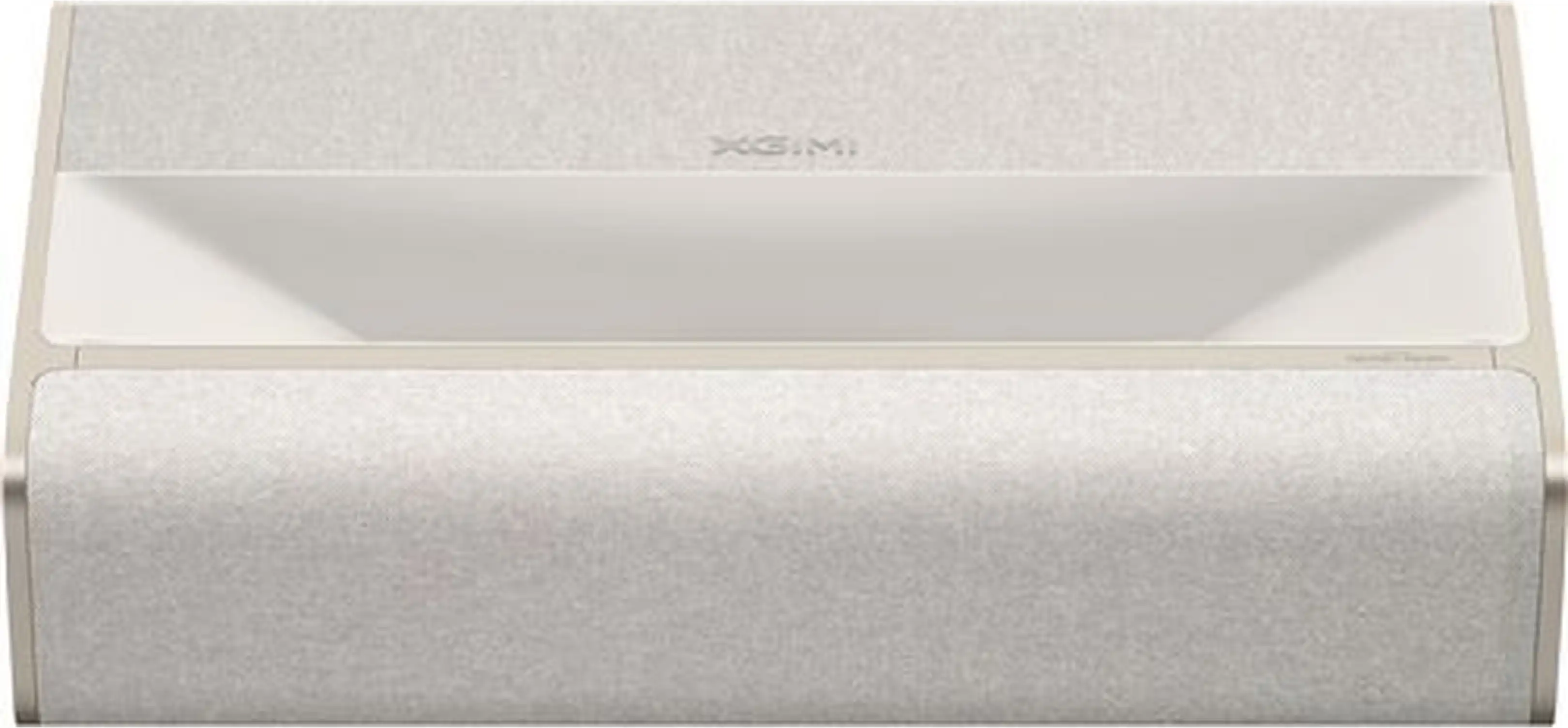 Un projecteur à ultra-courte focale argenté, compact, avec housse en tissu et logo XGIMI.