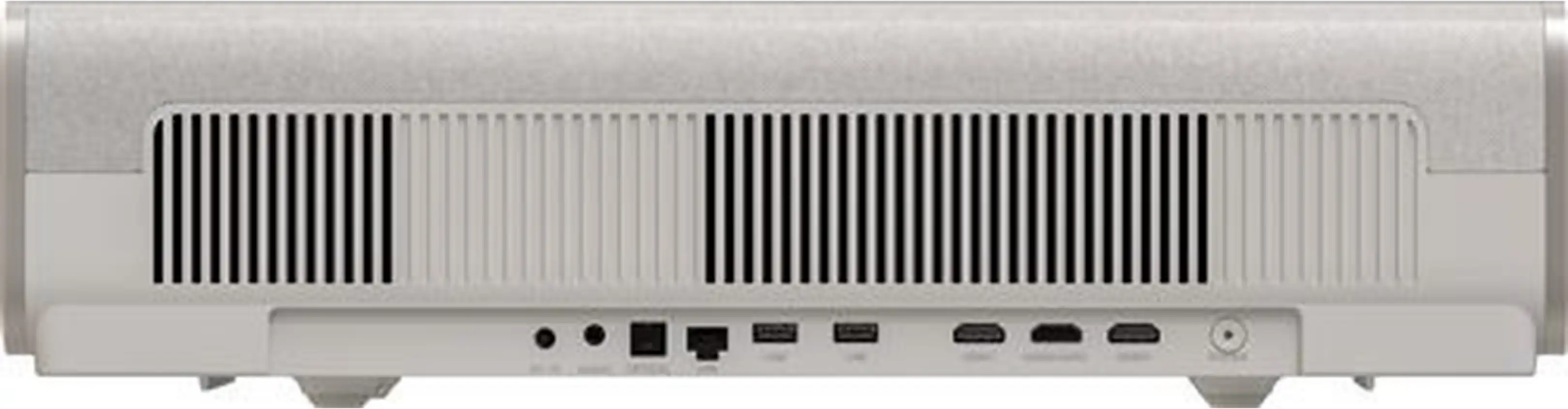L'arrière argenté d'un appareil affiche des grilles de ventilation et divers ports tels que USB et HDMI en bas.