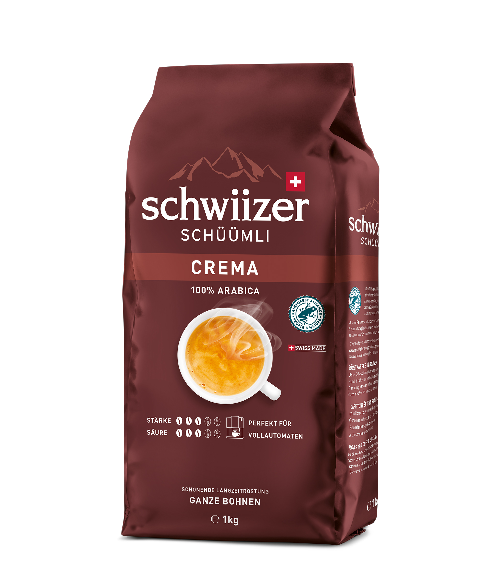 Braune Schweizer Kaffeebohnenverpackung mit einer Tasse frischem Kaffee und Bergen im Hintergrund.
