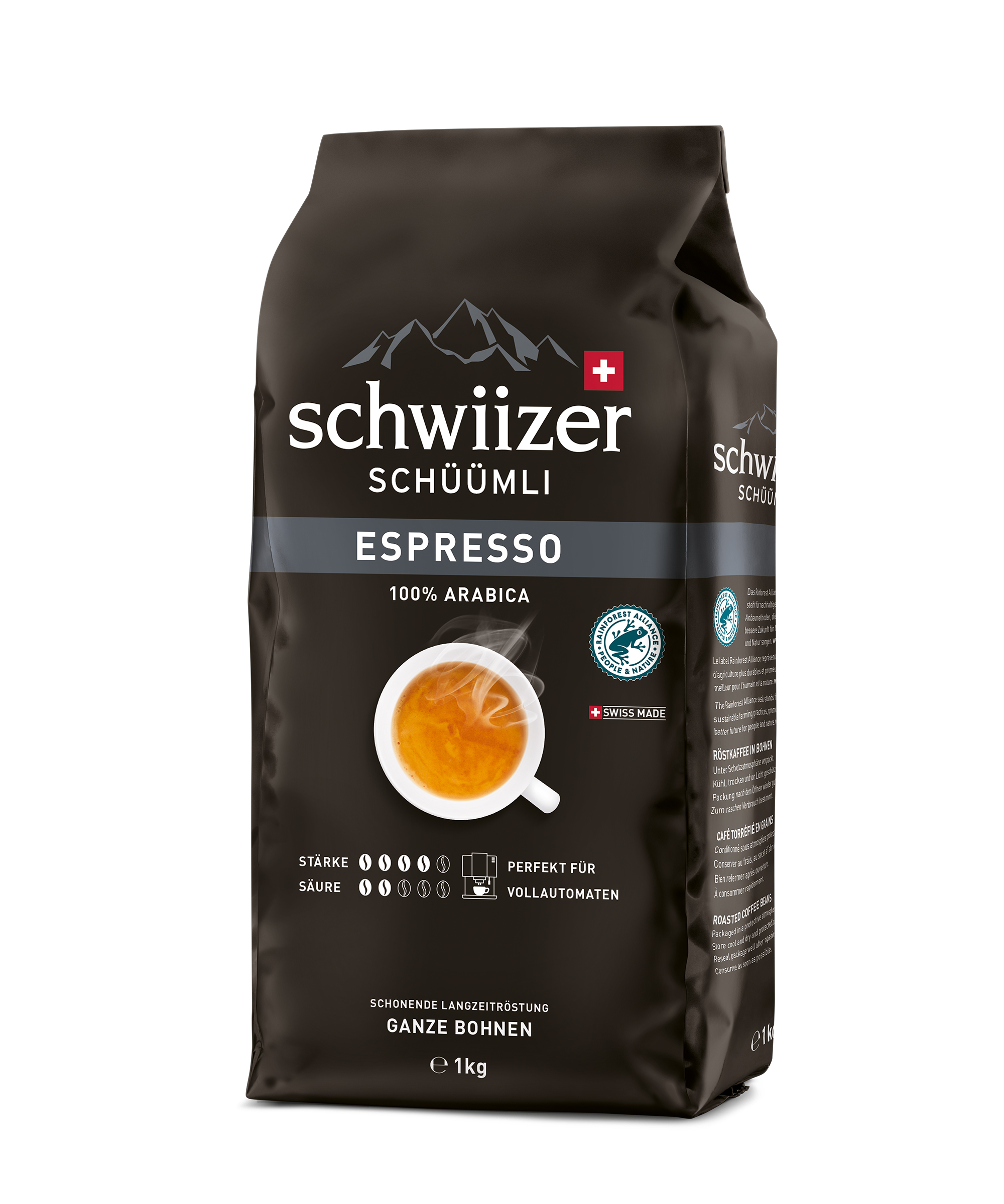 Schwarze Kaffeepackung mit Bergen, Espressotasse und Schweizer Flagge.