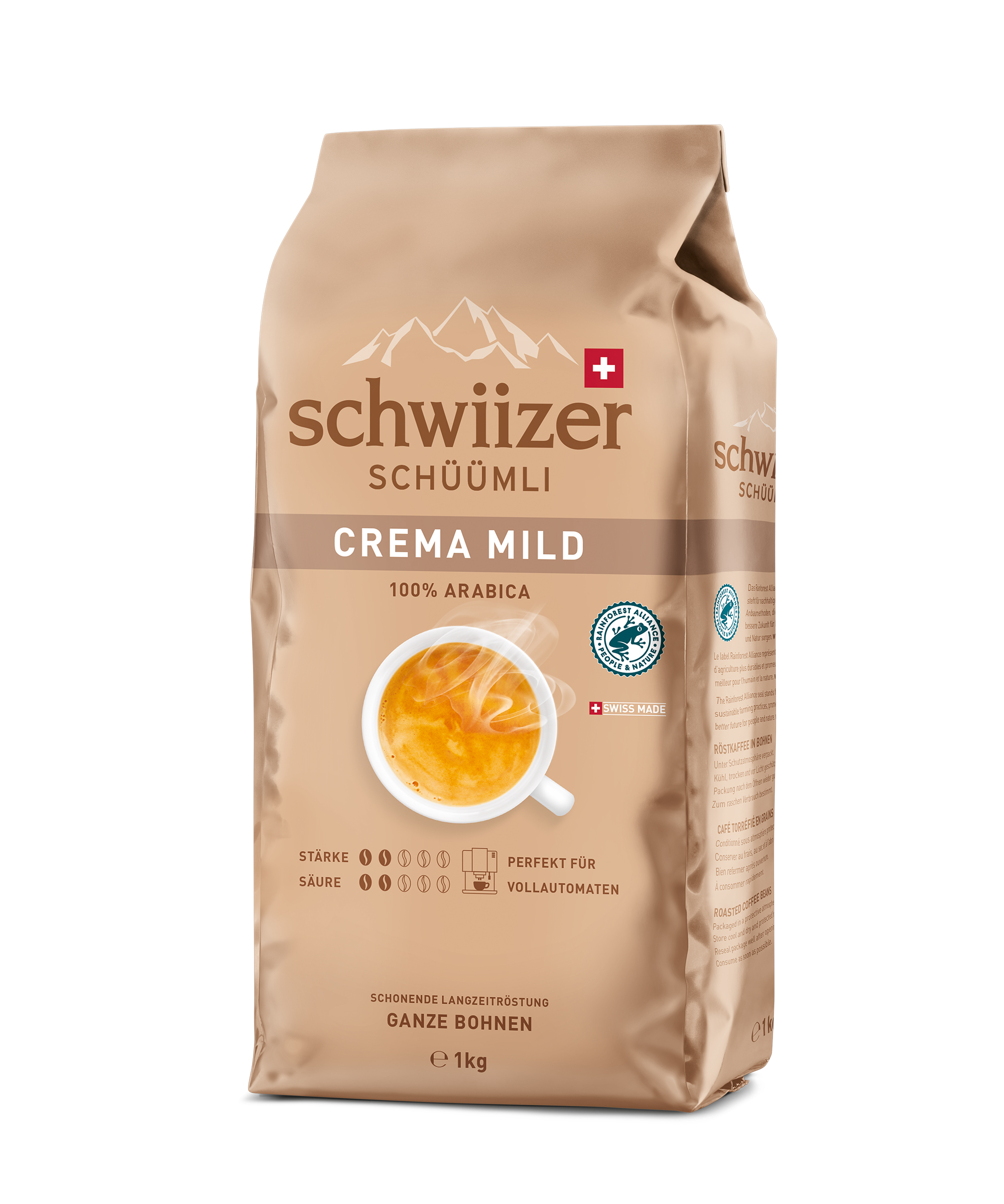 Braune Kaffeeverpackung von Schwiizer Schüümli mit Bild einer Tasse Kaffee und bergen im Hintergrund.