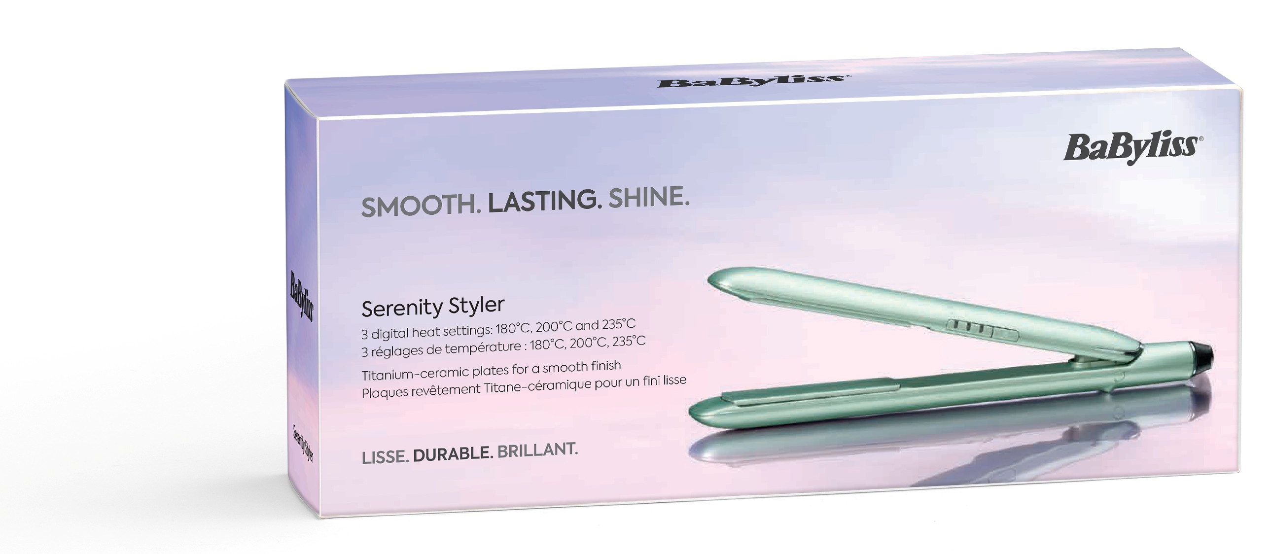 Csomagolás a BaByliss Serenity Styler hajsimítóhoz pasztell színekben.