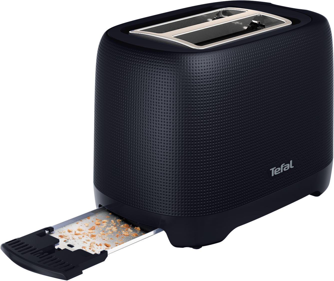 Fekete, mintás Tefal kenyérpirító nyitott morzsástálcával.