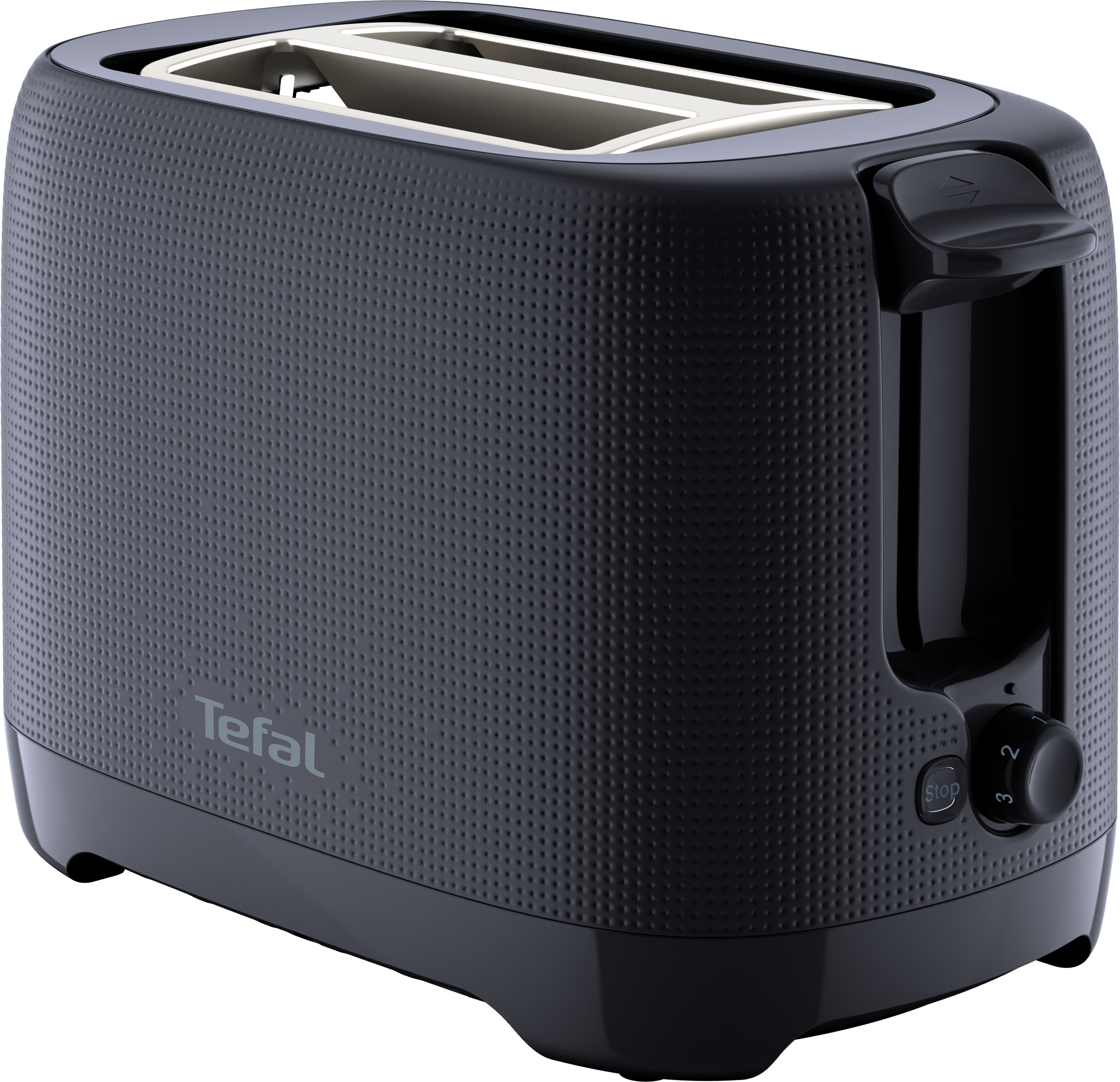 Egy szürke Tefal kenyérpirító két nyílással, karral és vezérlőtárcsával fekete háttéren.