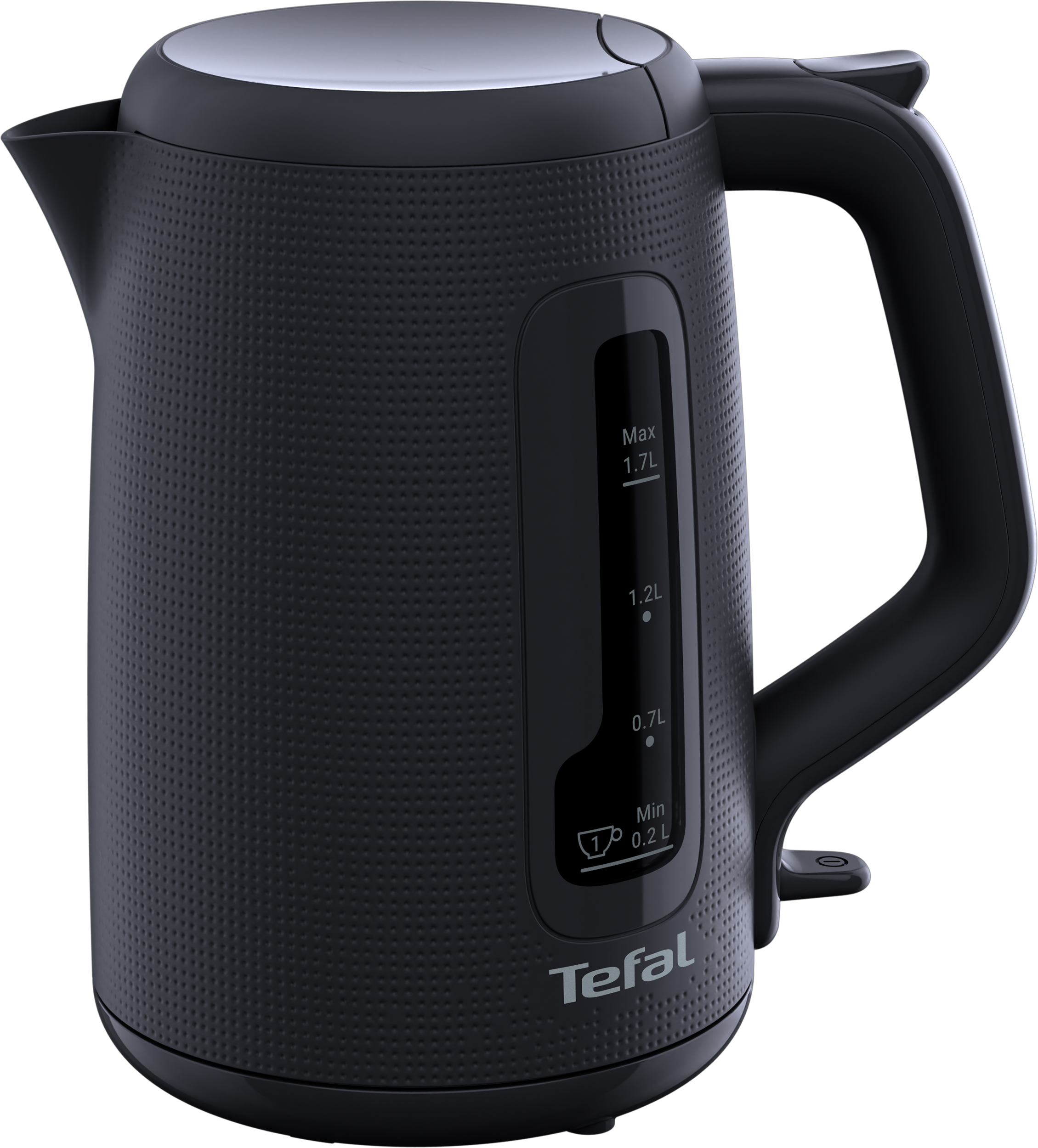Fekete Tefal vízforraló texturált felülettel és oldalsó vízszintjelzővel fekete háttér előtt.