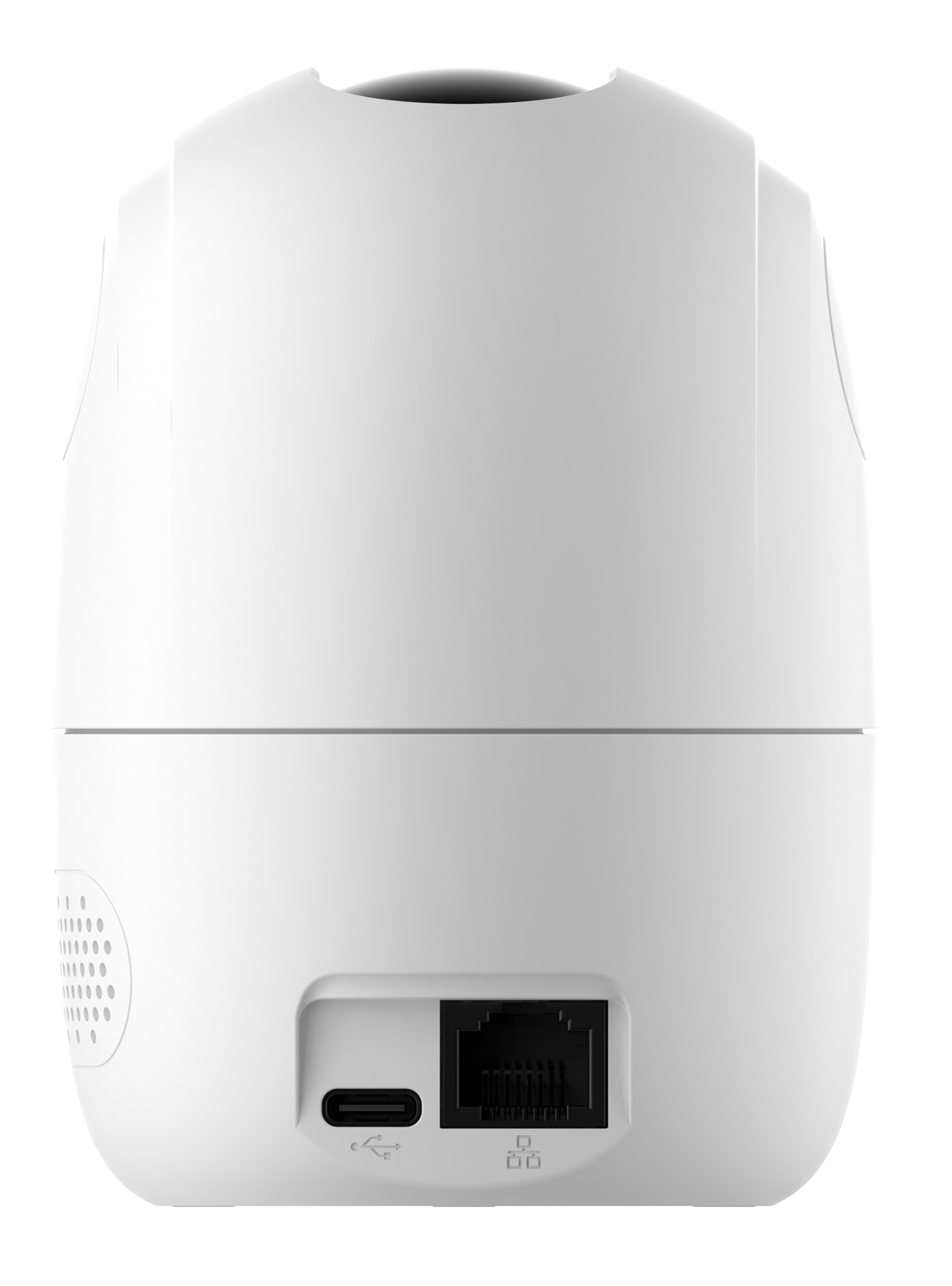 Egy fehér biztonsági kamera hátulja USB-C porttal és ethernet csatlakozóval fekete háttér előtt.