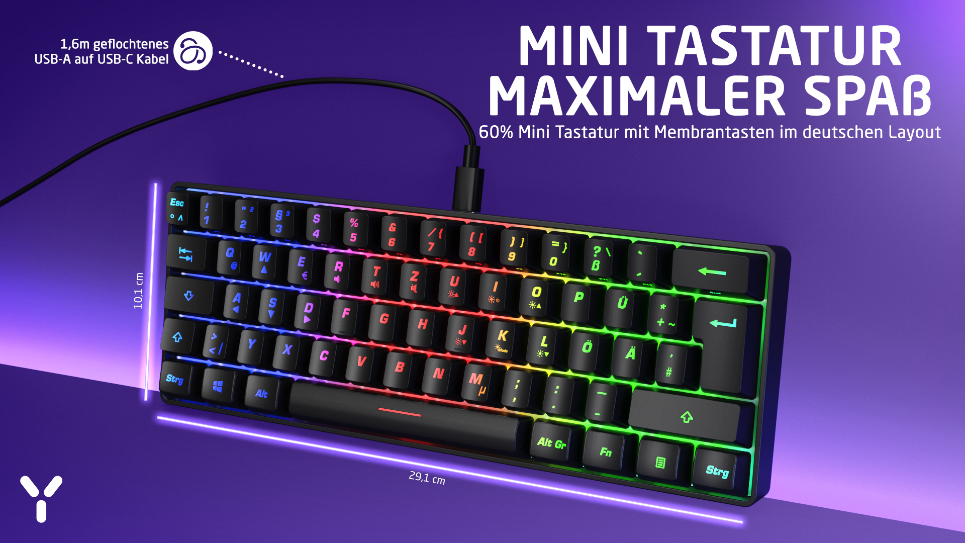 Eine kompakte 60% Mini-Tastatur mit RGB-Beleuchtung, deutschem Layout und angeschlossenem USB-Kabel vor violettem Hintergrund.
