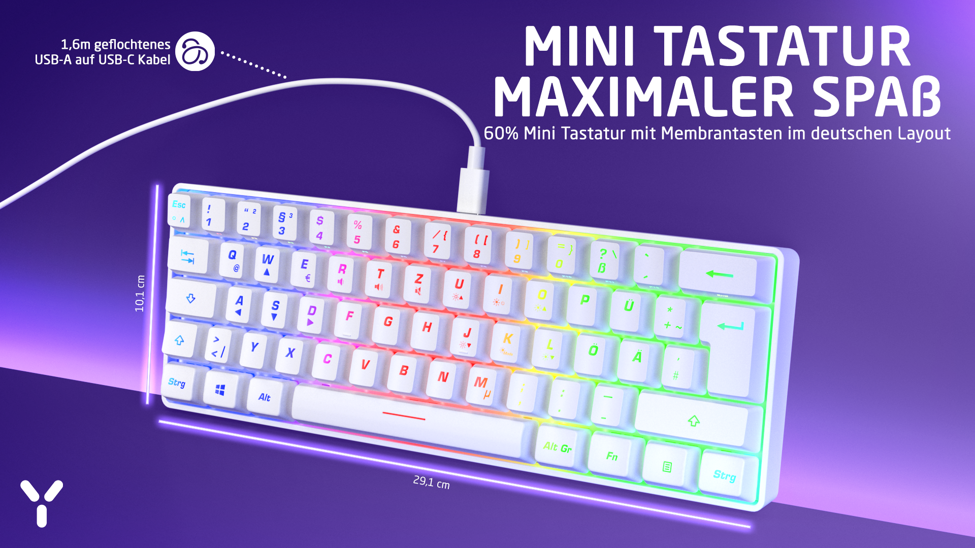 Wasserdichte 60-Prozent-Mini-Tastatur mit RGB-Hintergrundbeleuchtung, weißem Gehäuse und angeschlossenem USB-C-Kabel.