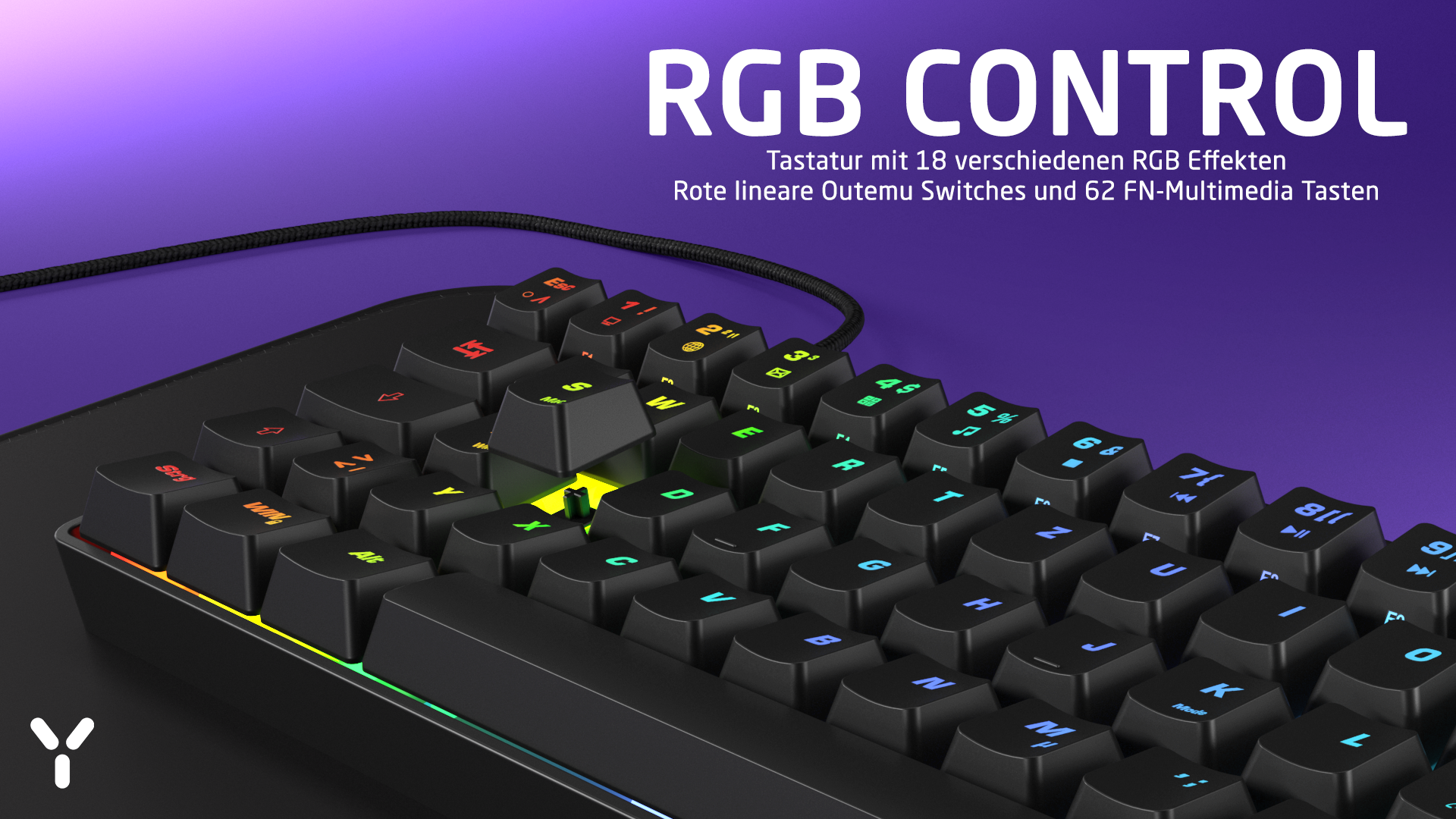 Schwarze mechanische RGB-Tastatur mit abnehmbarer Kappe und Leuchteffekt auf lila Hintergrund.