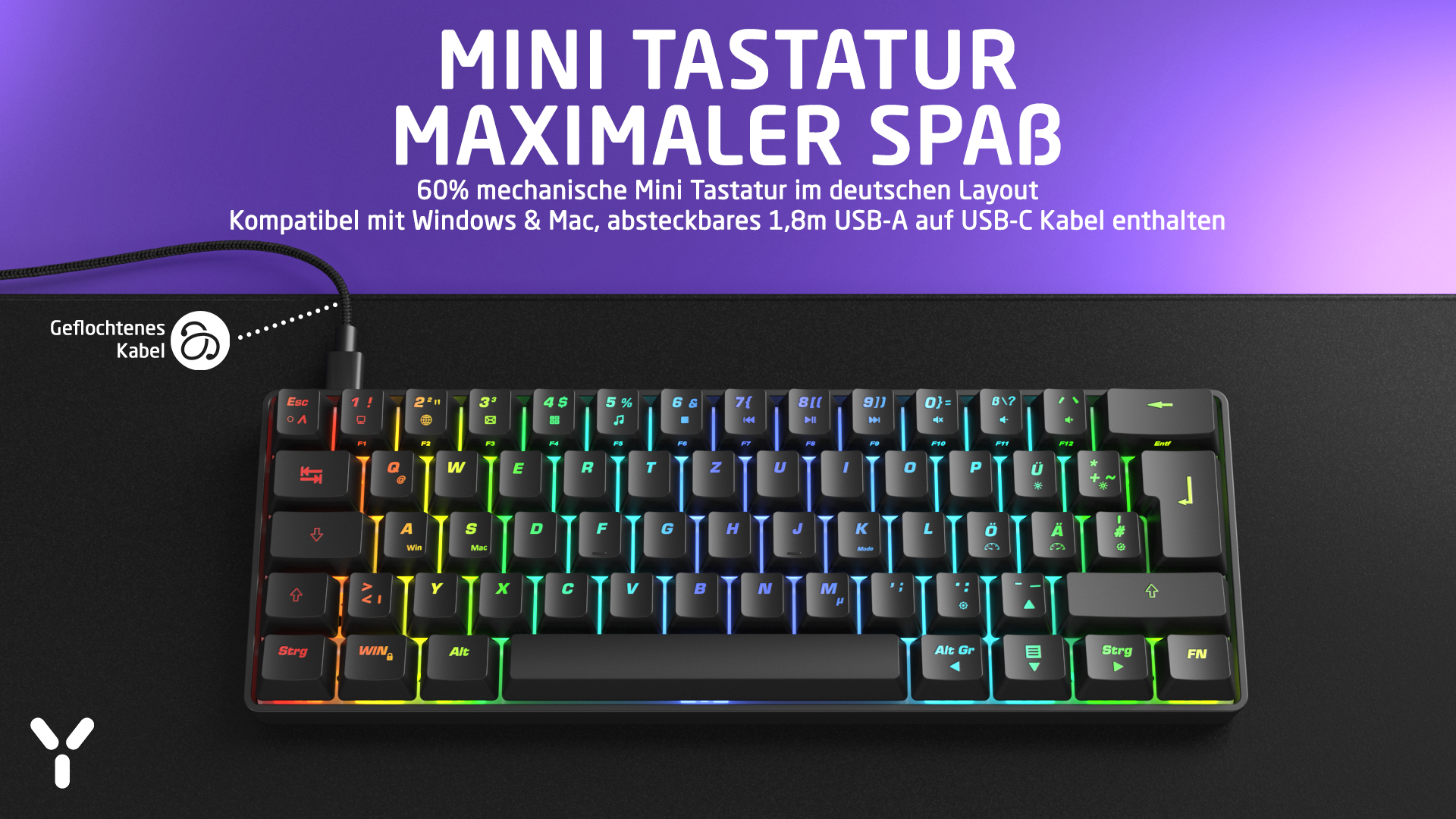 Schwarze mechanische 60-Prozent-Mini-Tastatur mit RGB-Beleuchtung und geflochtenem USB-Kabel vor lila Hintergrund.