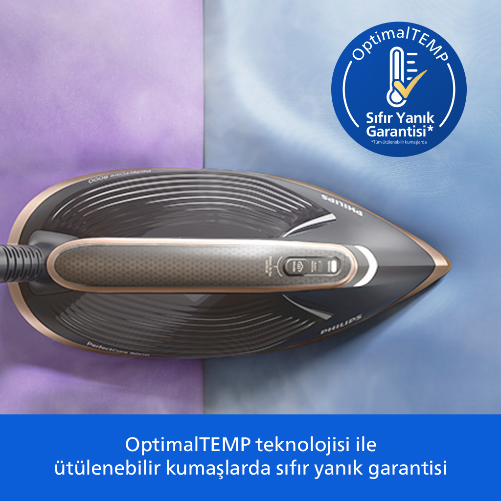 Mor ve mavi kumaşlar üzerinde siyah ve altın rengi ütü ve OptimalTEMP garantisi.