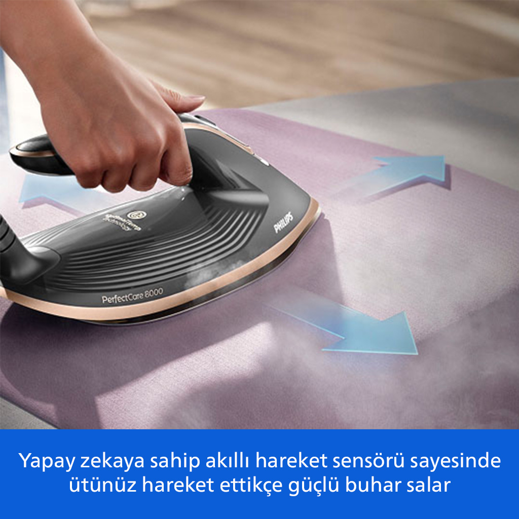Bir el, mor kumaş üzerinde siyah bir Philips ütüyü tutuyor, buhar hareket okları görünüyor.