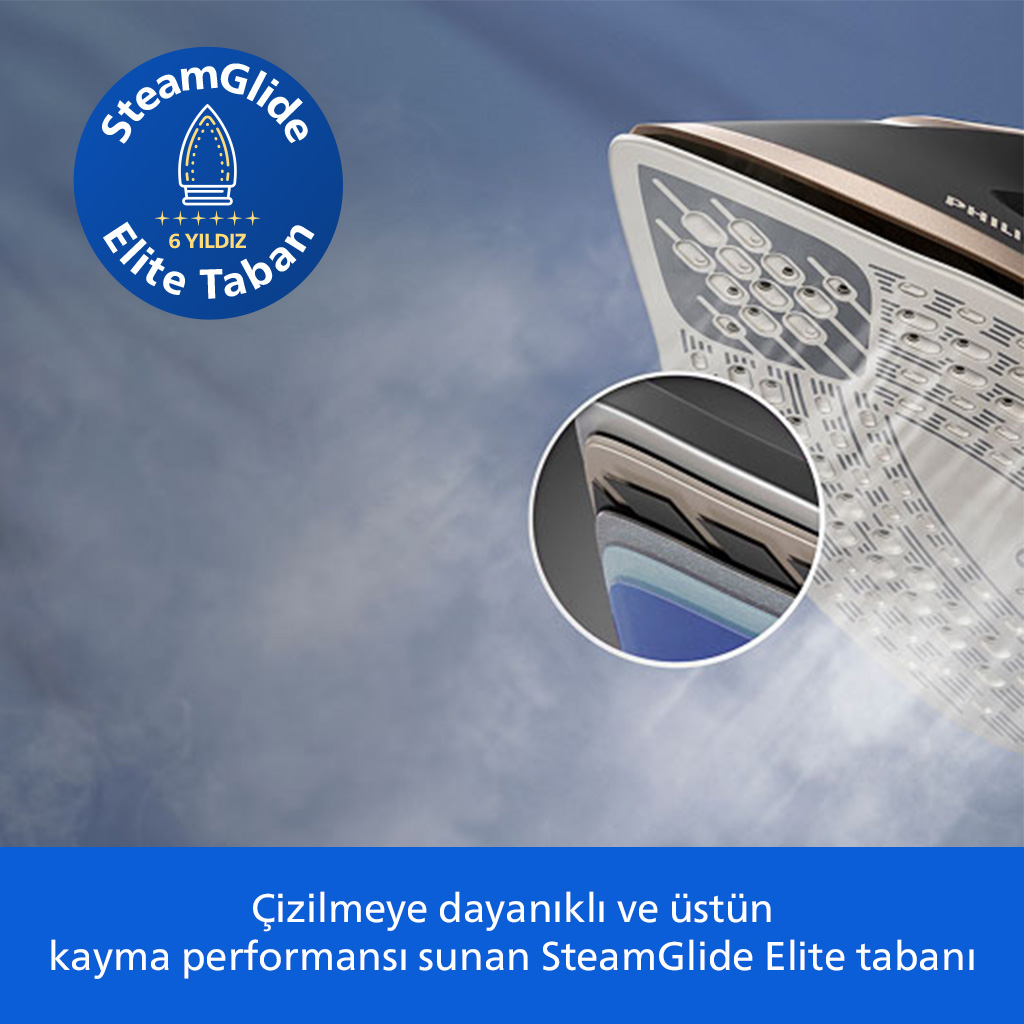 SteamGlide Elite tabanlı buharlı ütü ve altta mavi metin.