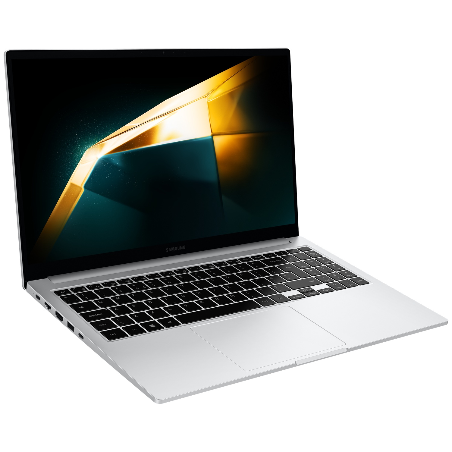 A silver Samsung laptop with a black keyboard and an abstract gold and teal screen background.