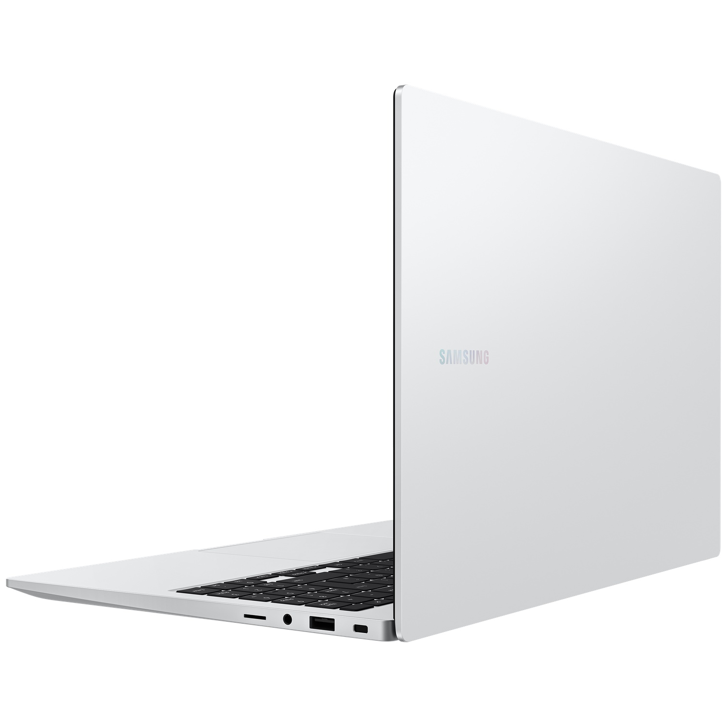 A silver Samsung laptop is shown slightly open against a white background.