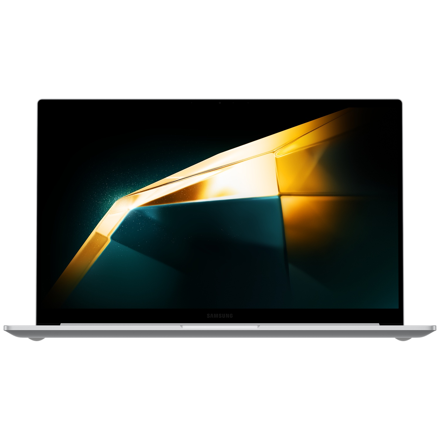 A silver Samsung laptop with a black screen displaying an abstract gold and turquoise graphic.