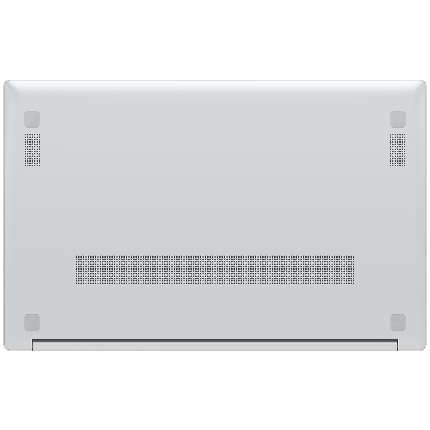 Bottom view of a silver laptop, showing rubber feet, ventilation grilles, and the hinge.