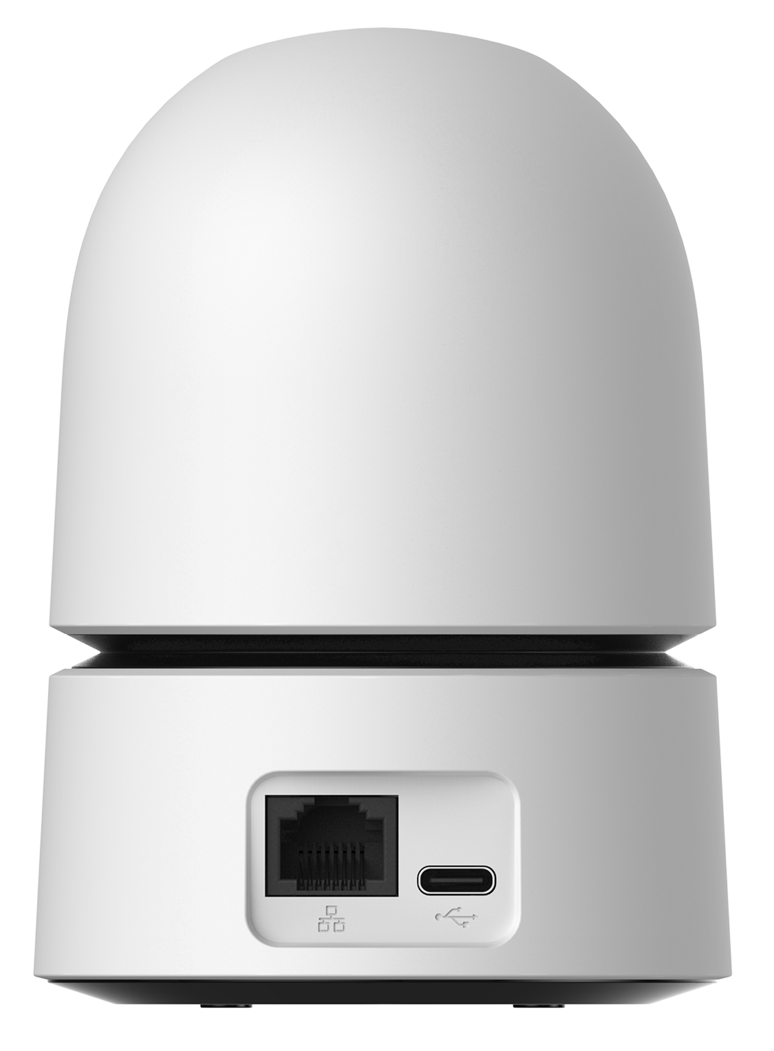 Fehér intelligens kamera ethernet és USB-C porttal fekete háttér előtt.
