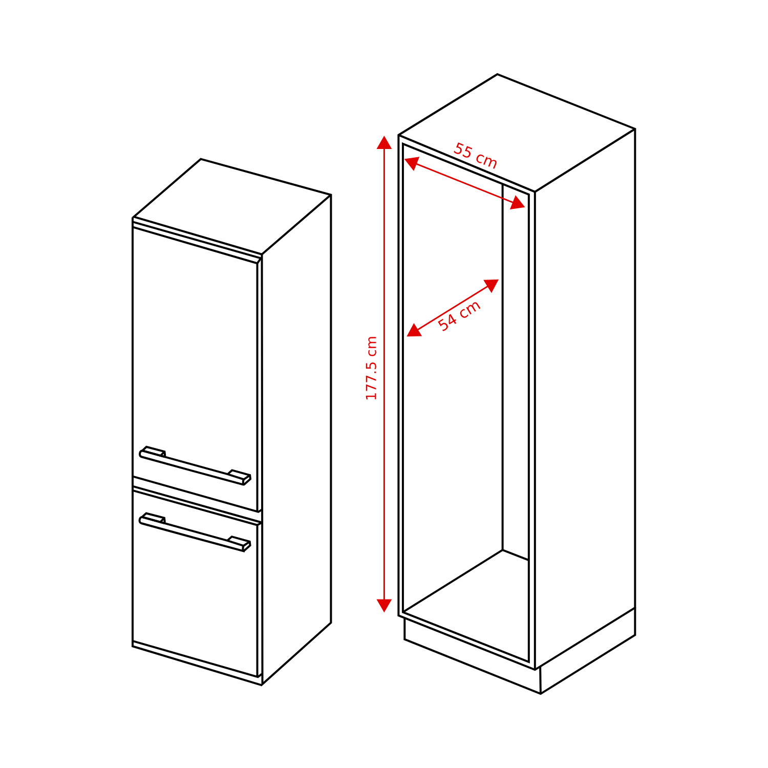 Line drawing of two cabinets with dimensions of 177.5 cm height, 55 cm width, and 54 cm depth.