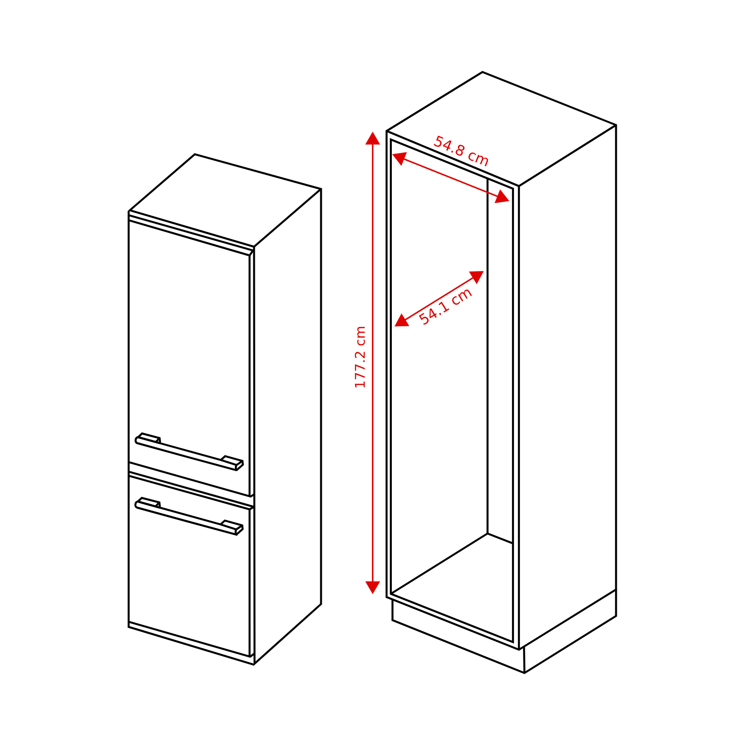 Lijntekening van twee kasten met rode afmetingen in centimeters.