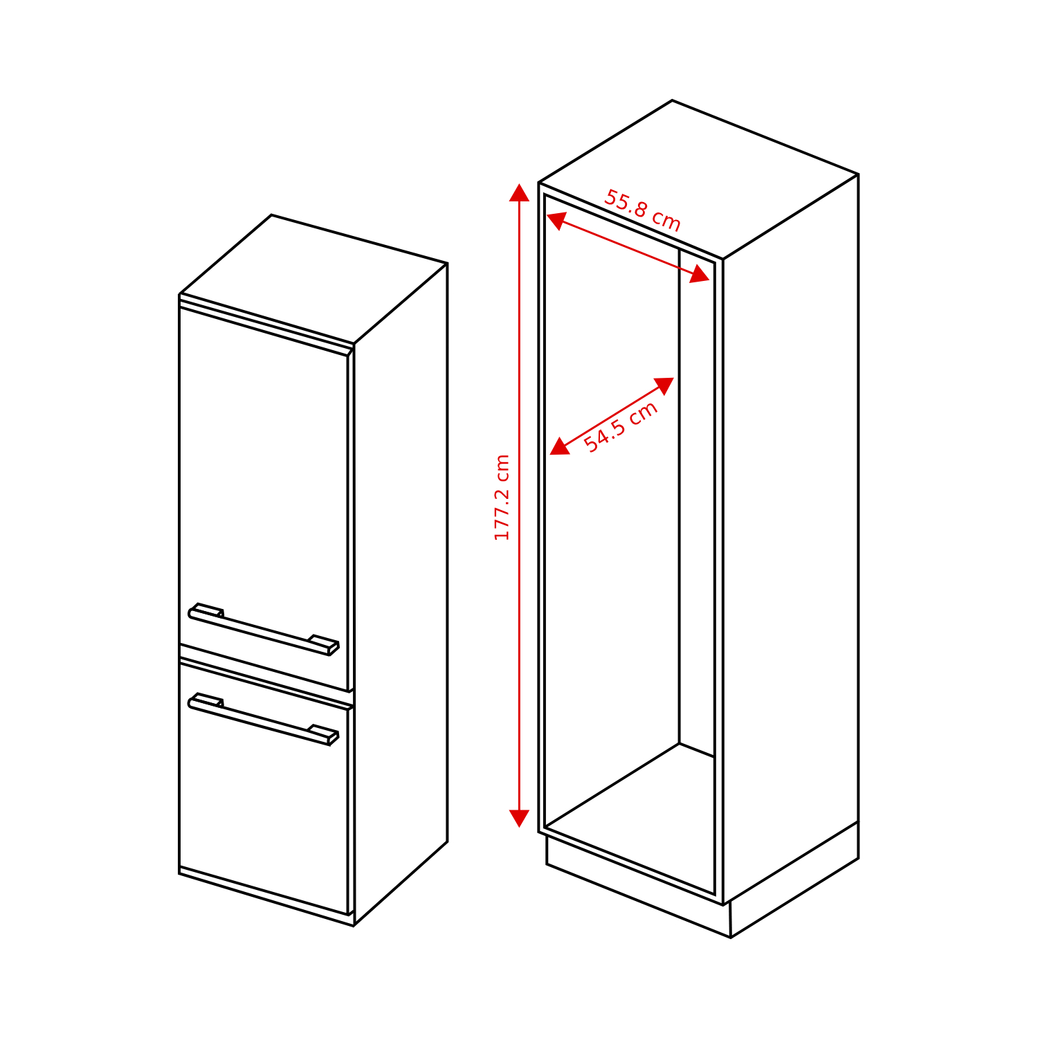 Lijntekening van een hoge kast met rode maatpijlen voor hoogte, breedte en diepte.