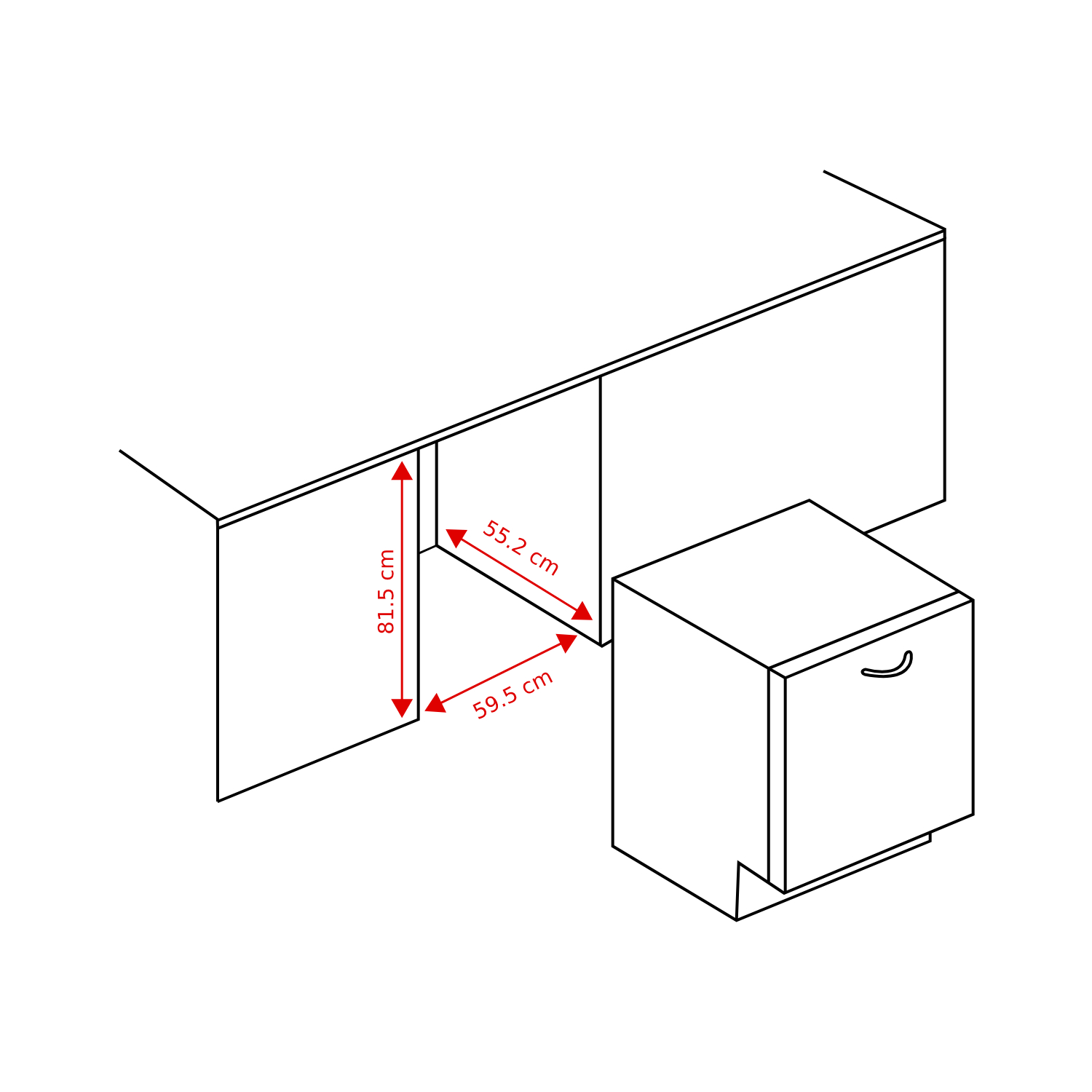 Dessin au trait d'un meuble de cuisine avec dimensions en cm pour appareils encastrables.