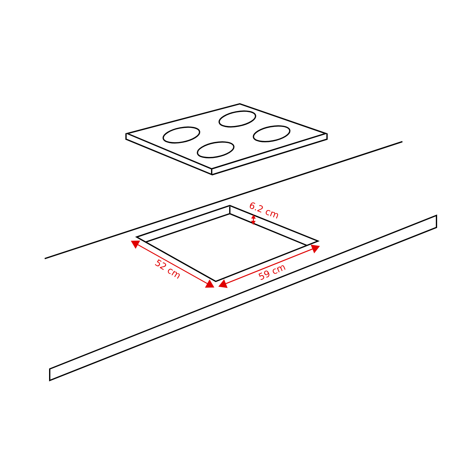 Dessin technique d'une table de cuisson avec dimensions pour l'installation dans un plan de travail.