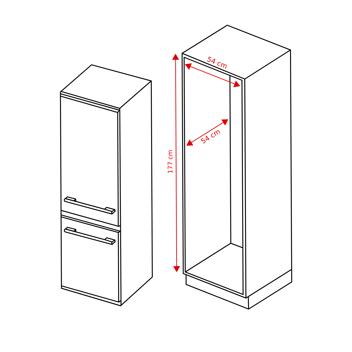 Dessin au trait de deux grands meubles de cuisine avec dimensions en centimètres.